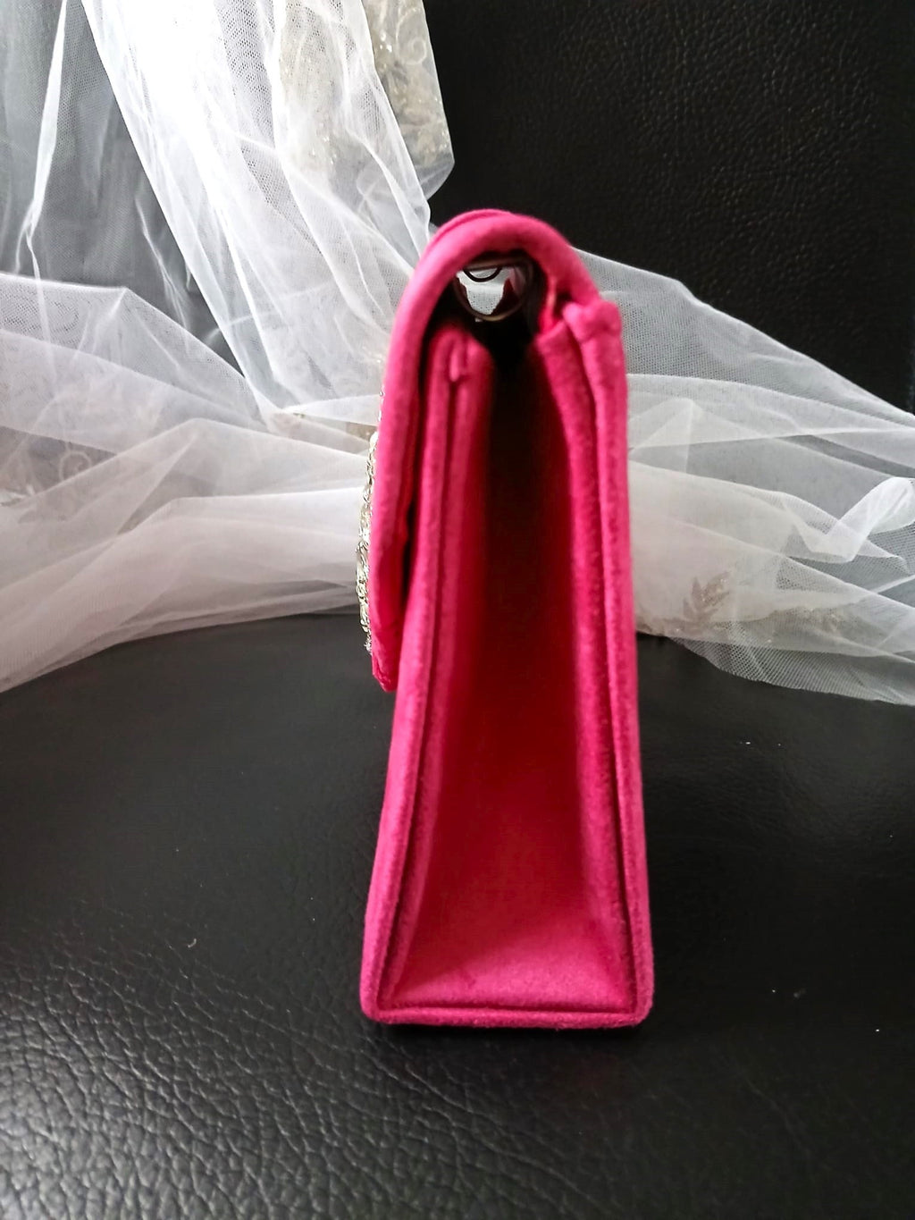 Fuchsia Suede Evening Clutch With Crystal Embellishment: Hot Pink Wedding Handbag