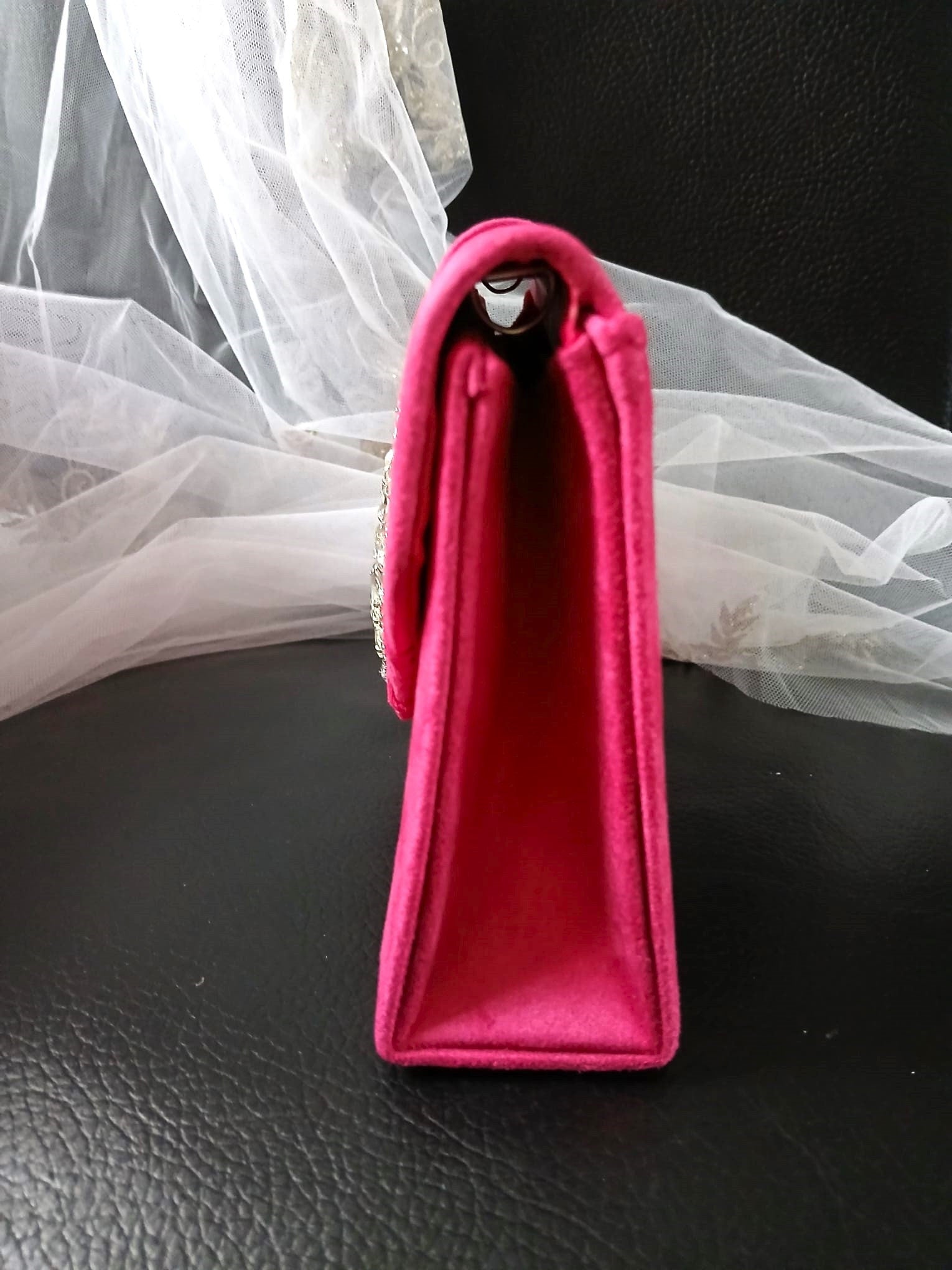 Fuchsia Suede Evening Clutch With Crystal Embellishment: Hot Pink Wedding Handbag