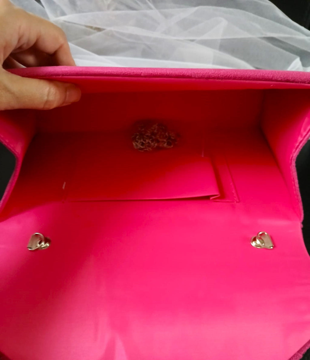 Fuchsia Suede Evening Clutch With Crystal Embellishment: Hot Pink Wedding Handbag