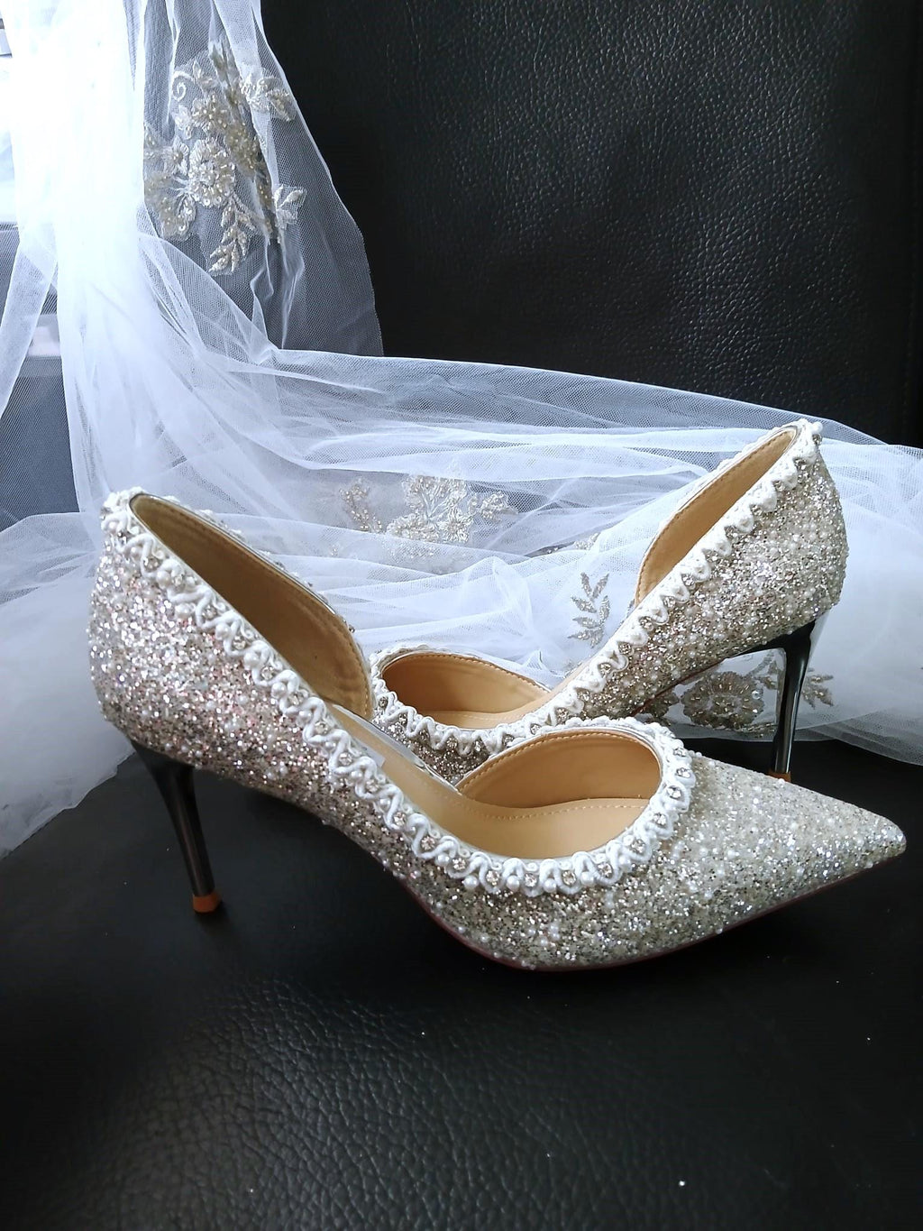 Silver Glitter Pearl Heels: Wedding Evening Shoes