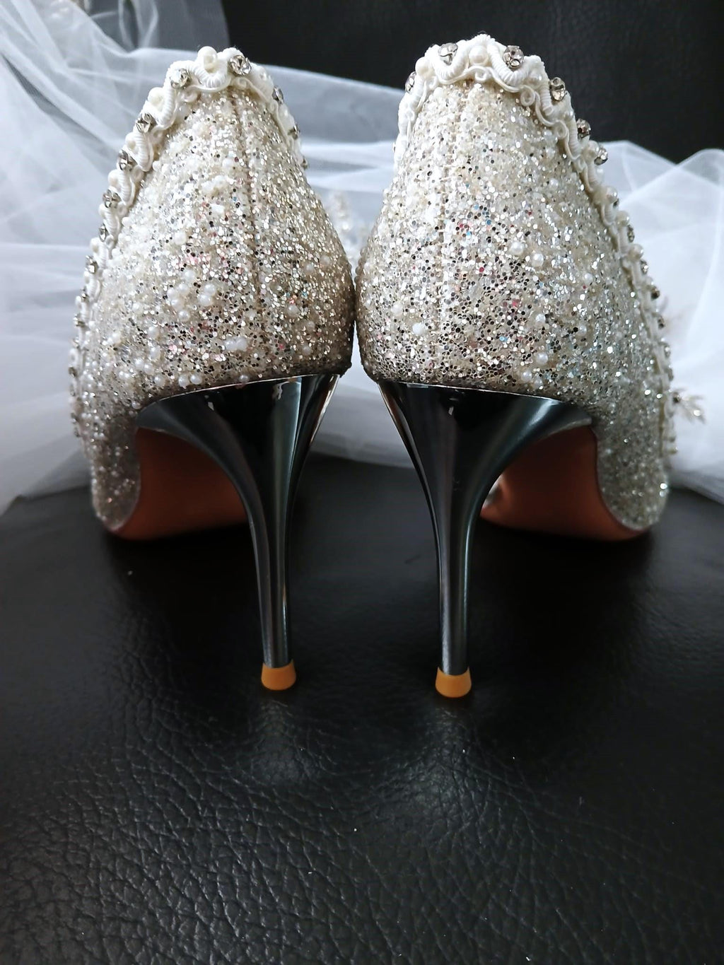 Silver Glitter Pearl Heels: Wedding Evening Shoes