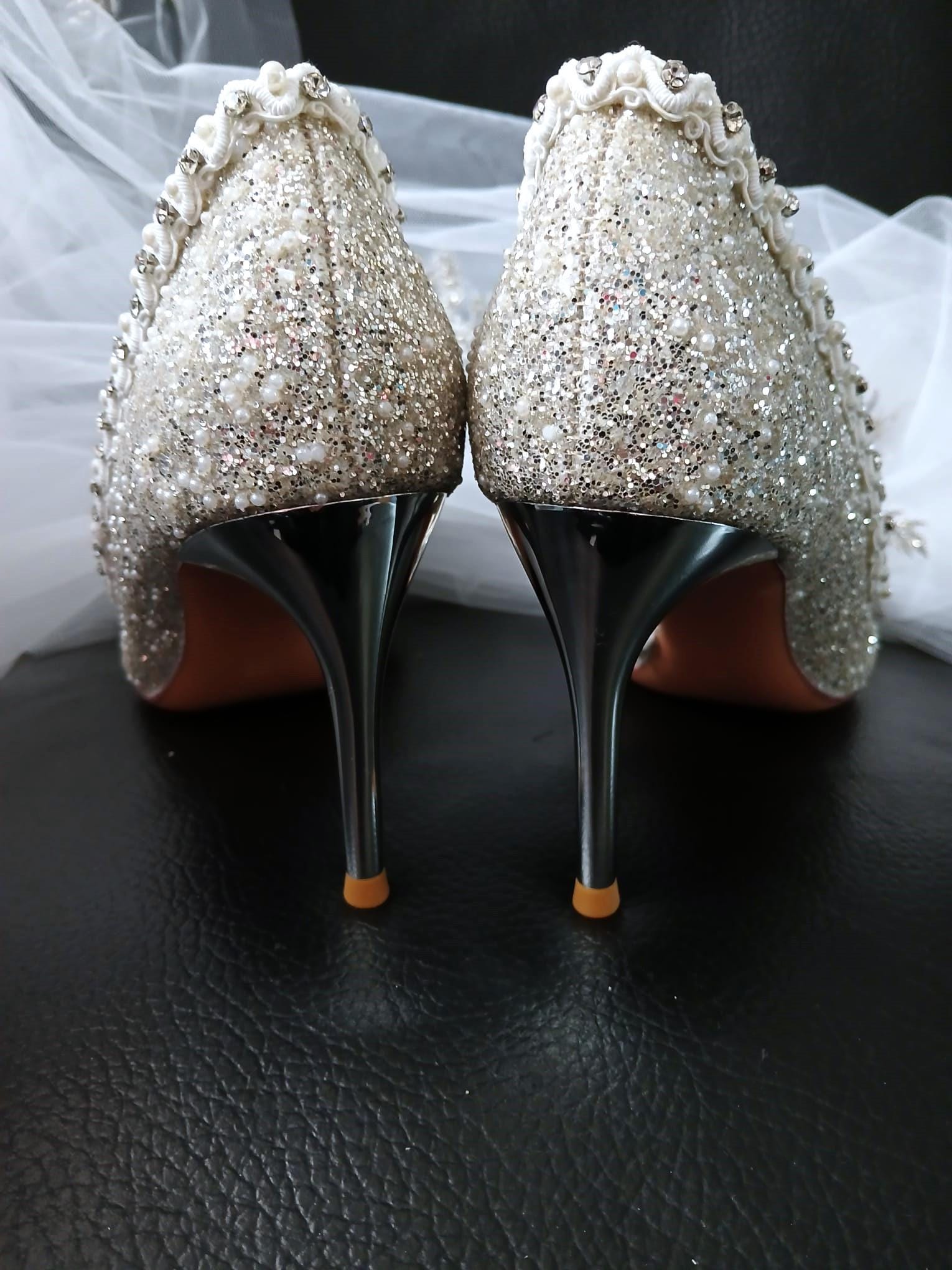 Silver Glitter Pearl Heels: Wedding Evening Shoes
