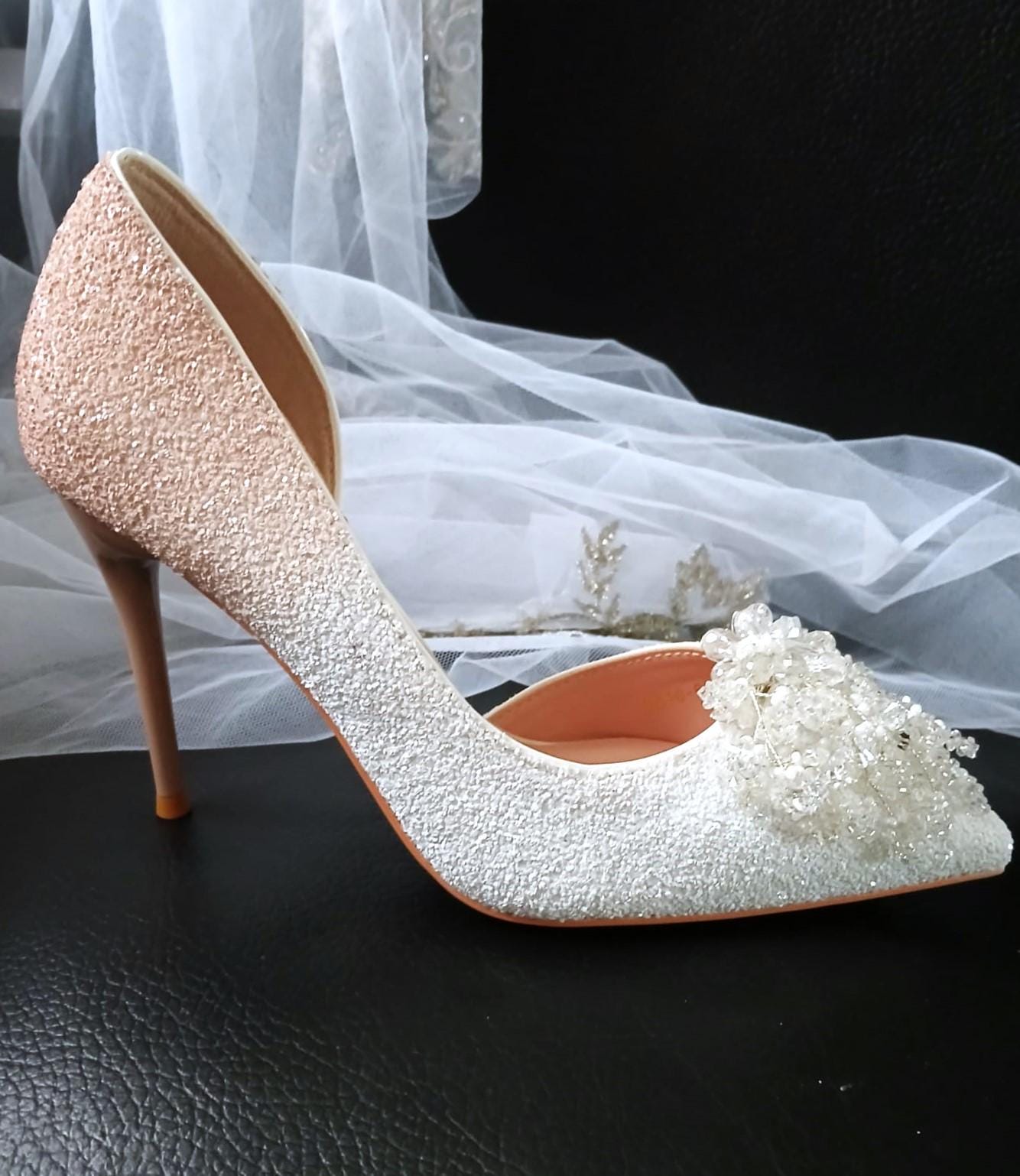 Glitter Ombre Evening Shoes: White & Blush Pink Wedding Heels with Clips