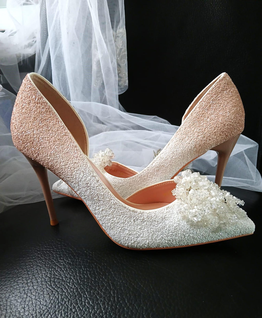 Glitter Ombre Evening Shoes: White & Blush Pink Wedding Heels with Clips