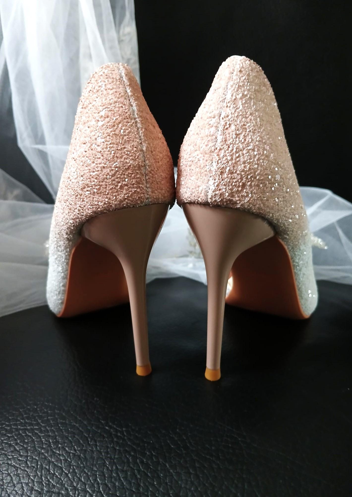 Glitter Ombre Evening Shoes: White & Blush Pink Wedding Heels with Clips