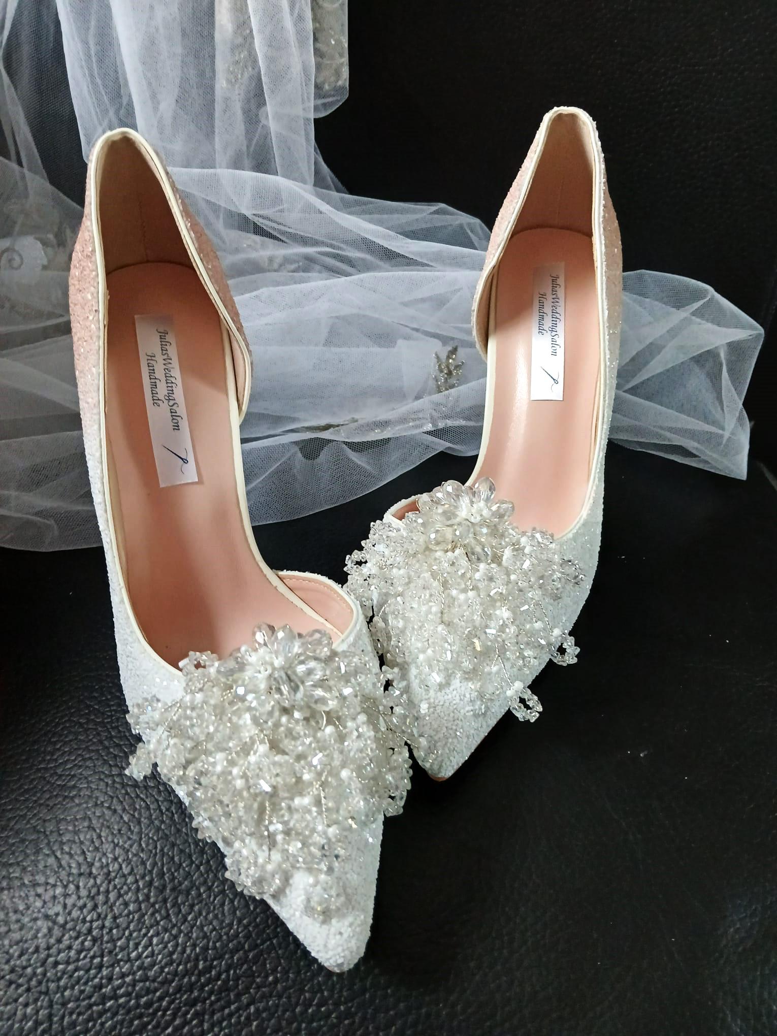 Glitter Ombre Evening Shoes: White & Blush Pink Wedding Heels with Clips