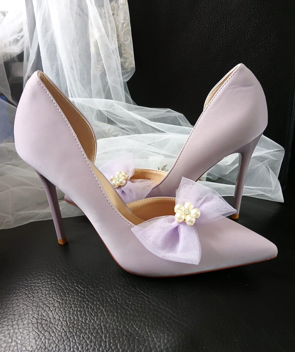 Lavender Satin Wedding Pumps: Bow Clip Evening Heels