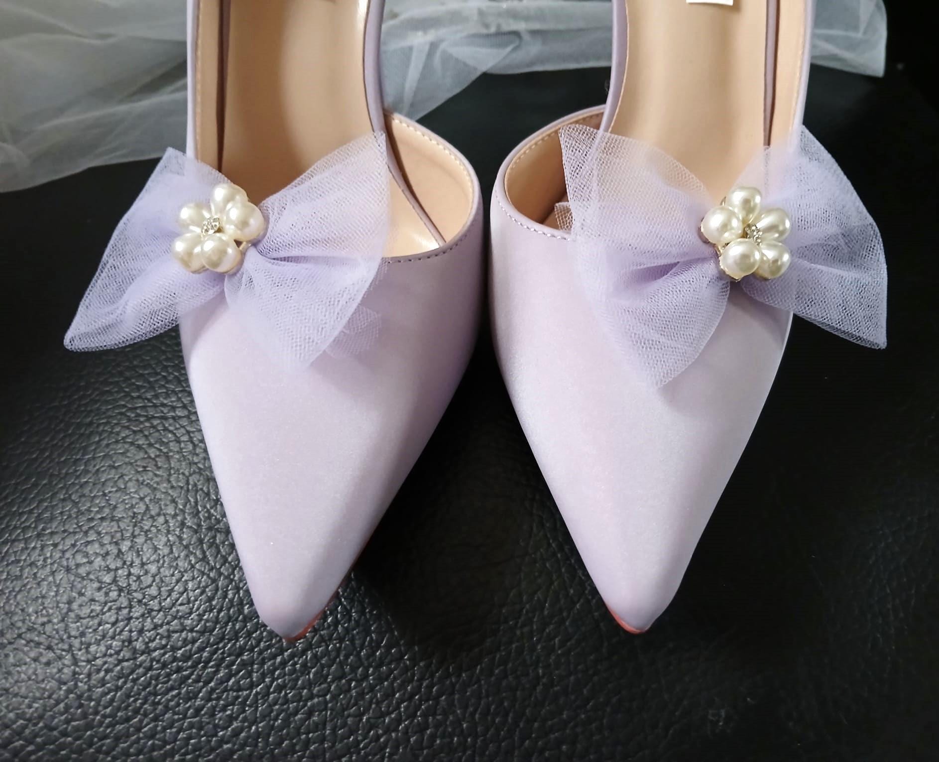 Lavender Satin Wedding Pumps: Bow Clip Evening Heels