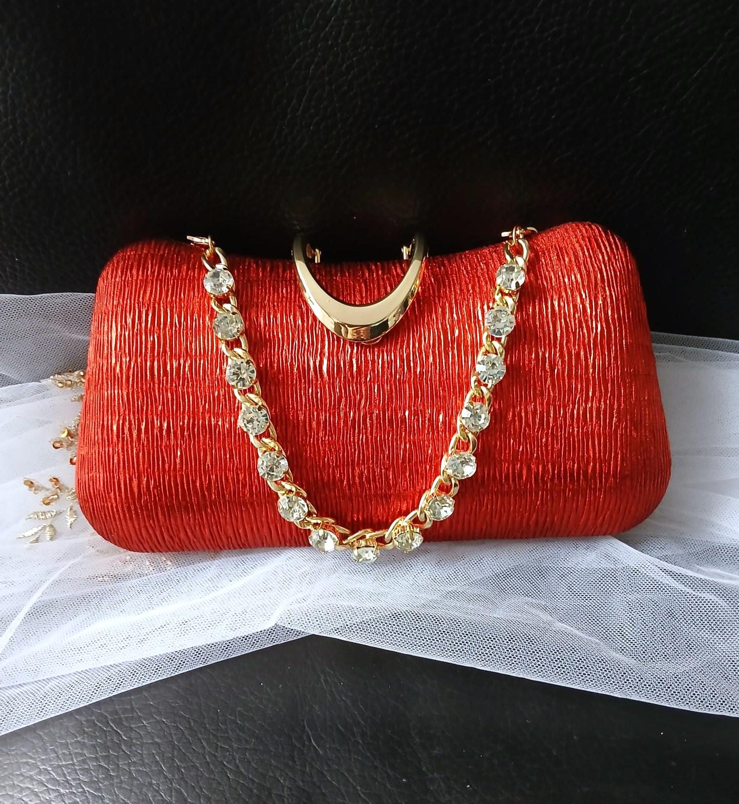 Red Satin Evening Clutch: Gold Hardware, Crystal Handle