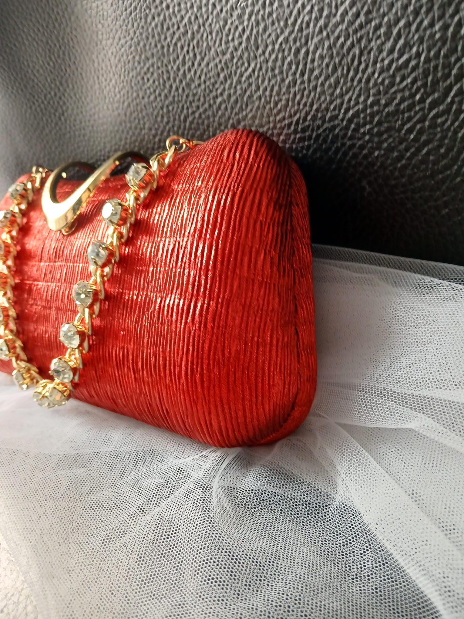 Red Satin Evening Clutch: Gold Hardware, Crystal Handle