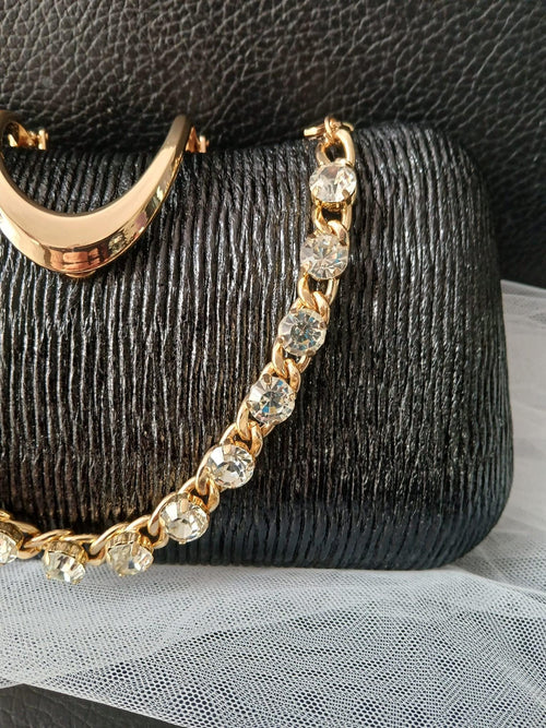 Black Satin Evening Clutch: Gold Hardware, Crystal Handle