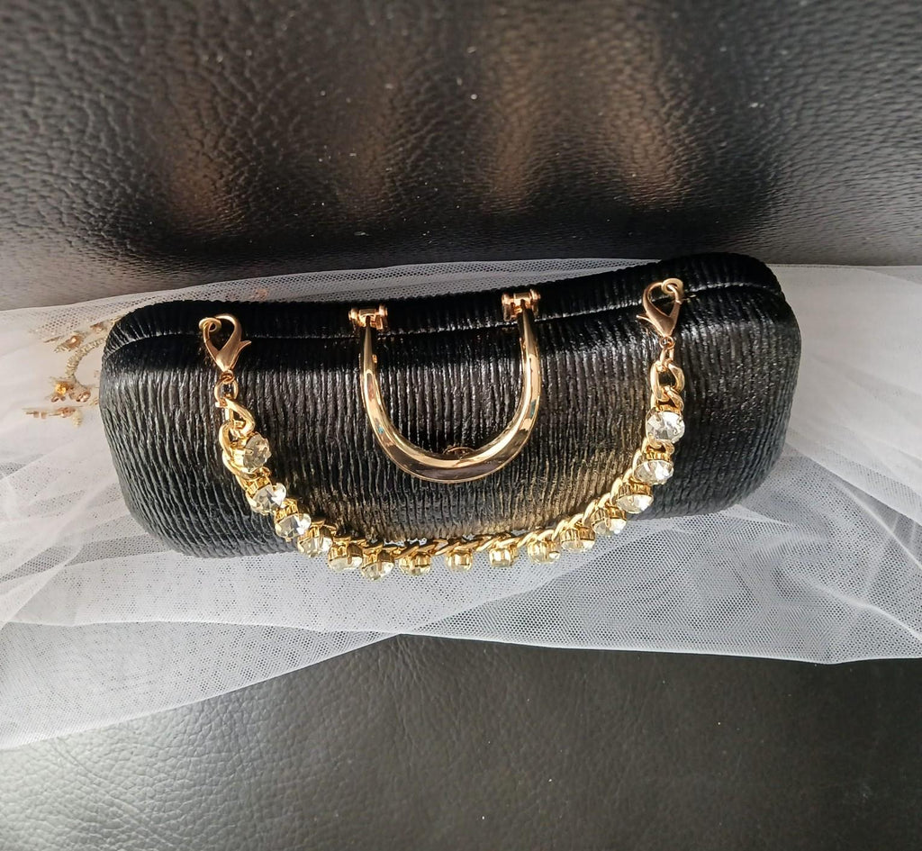 Black Satin Evening Clutch: Gold Hardware, Crystal Handle