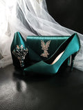 Forest Green Satin Wedding Heels with Carved Clutch Bag
