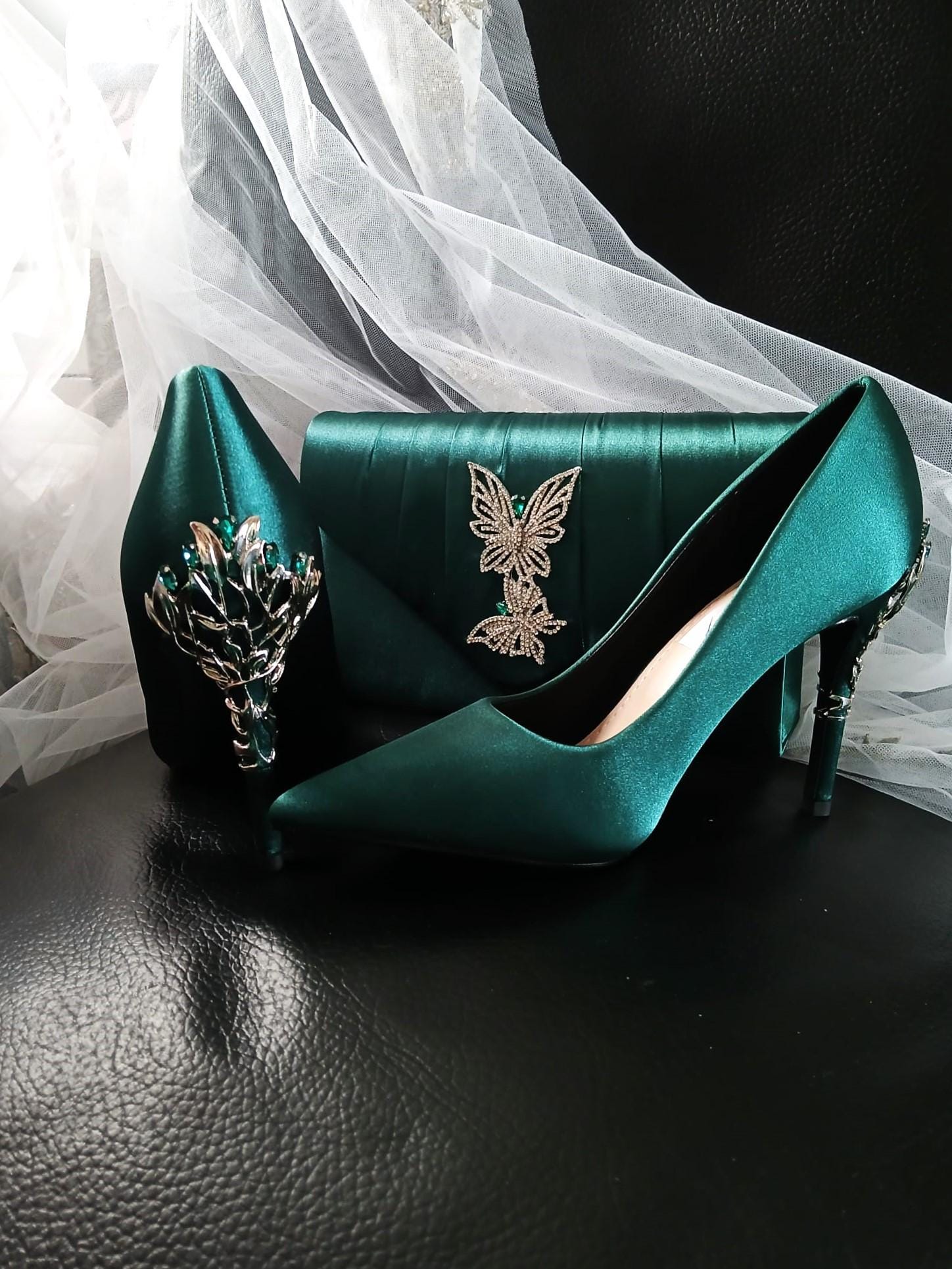 Forest Green Satin Wedding Heels with Carved Clutch Bag