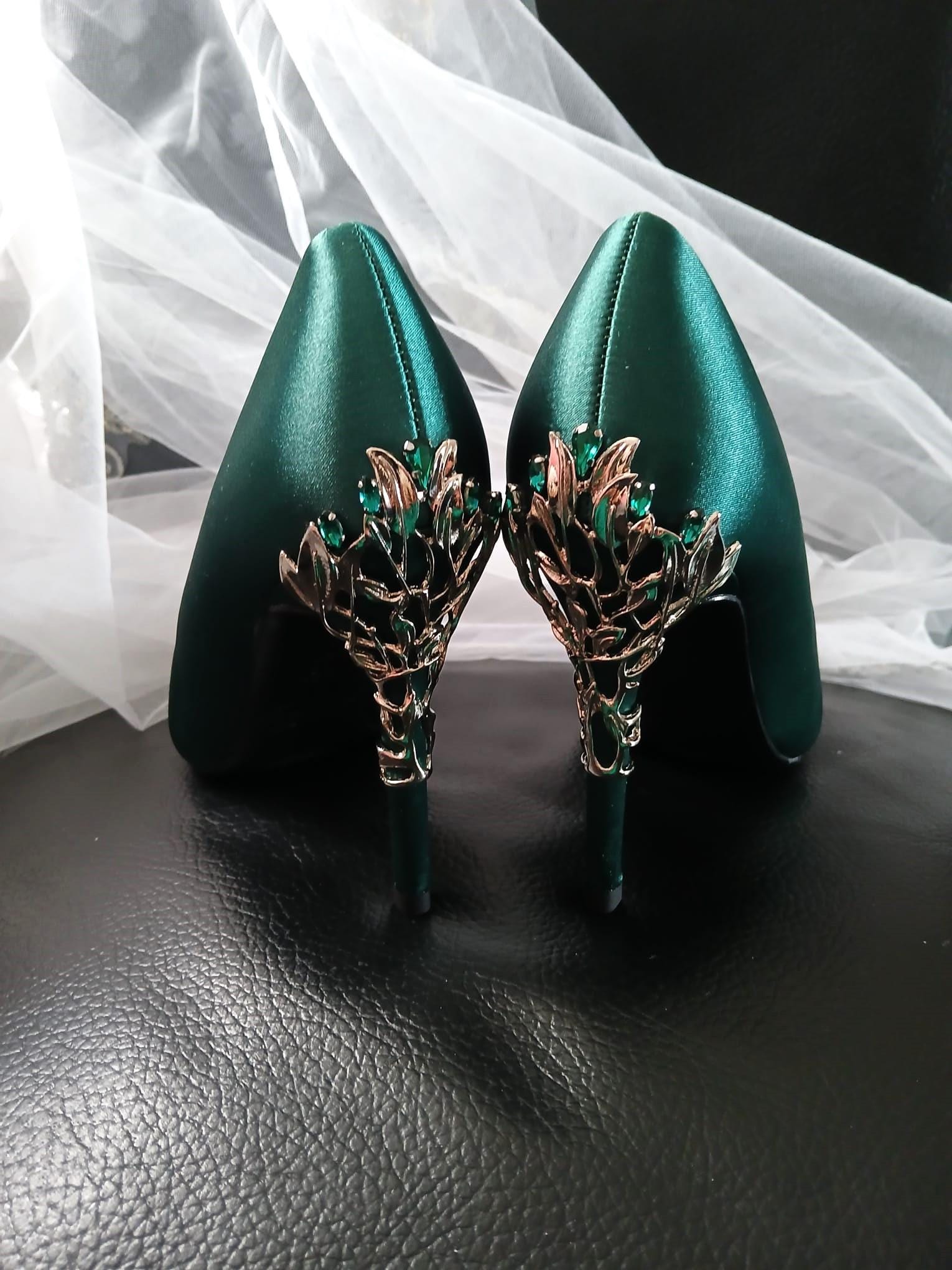 Forest Green Satin Wedding Heels with Carved Clutch Bag