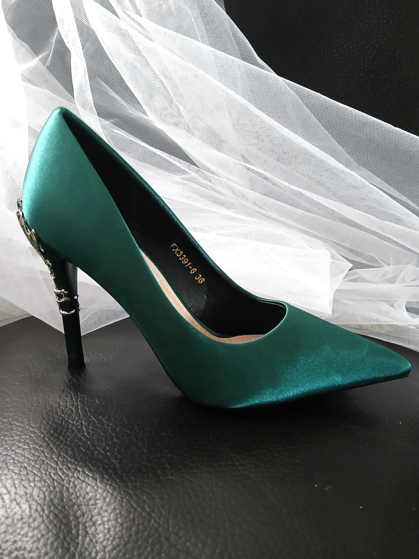 Forest Green Satin Wedding Heels with Carved Clutch Bag