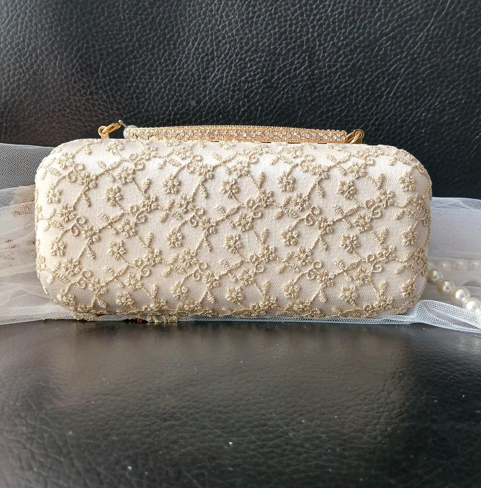 Embroidered Champagne Satin Clutch: Pearl Handle Wedding Handbag