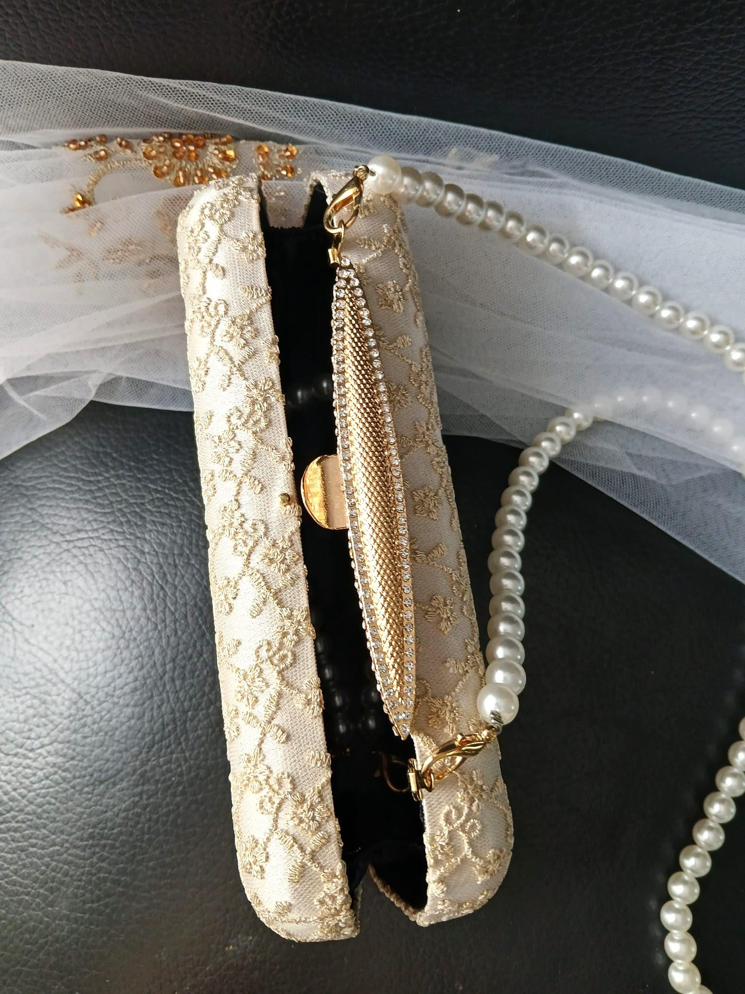 Embroidered Champagne Satin Clutch: Pearl Handle Wedding Handbag