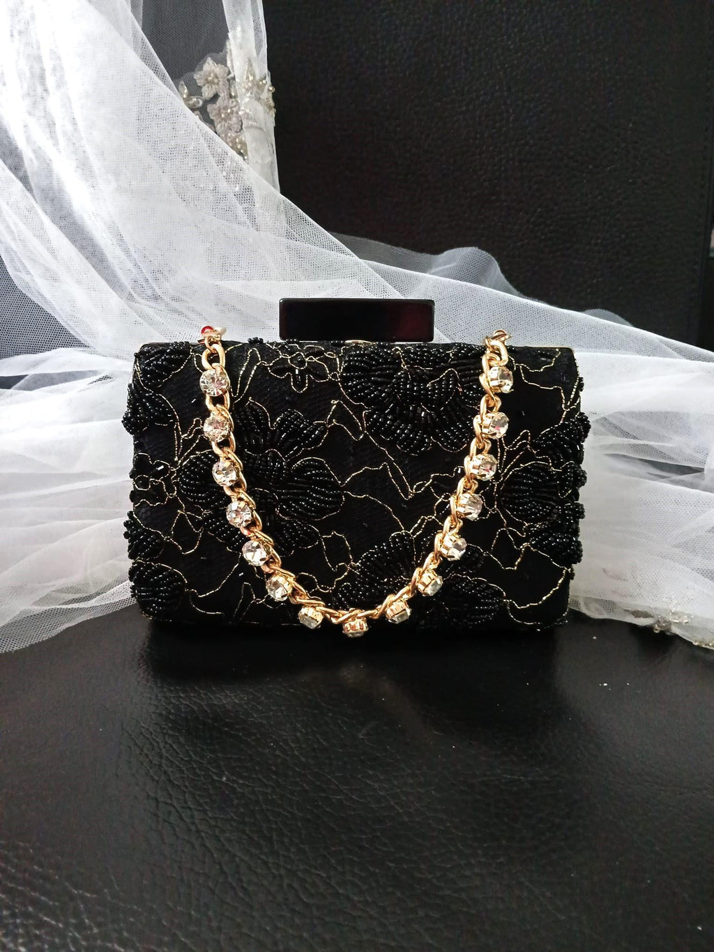 Embroidered Black Evening Clutch Bag With Crystal Handle,Beaded Wedding Purse,Bridal Floral Handbag