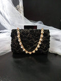 Embroidered Black Evening Clutch Bag With Crystal Handle,Beaded Wedding Purse,Bridal Floral Handbag