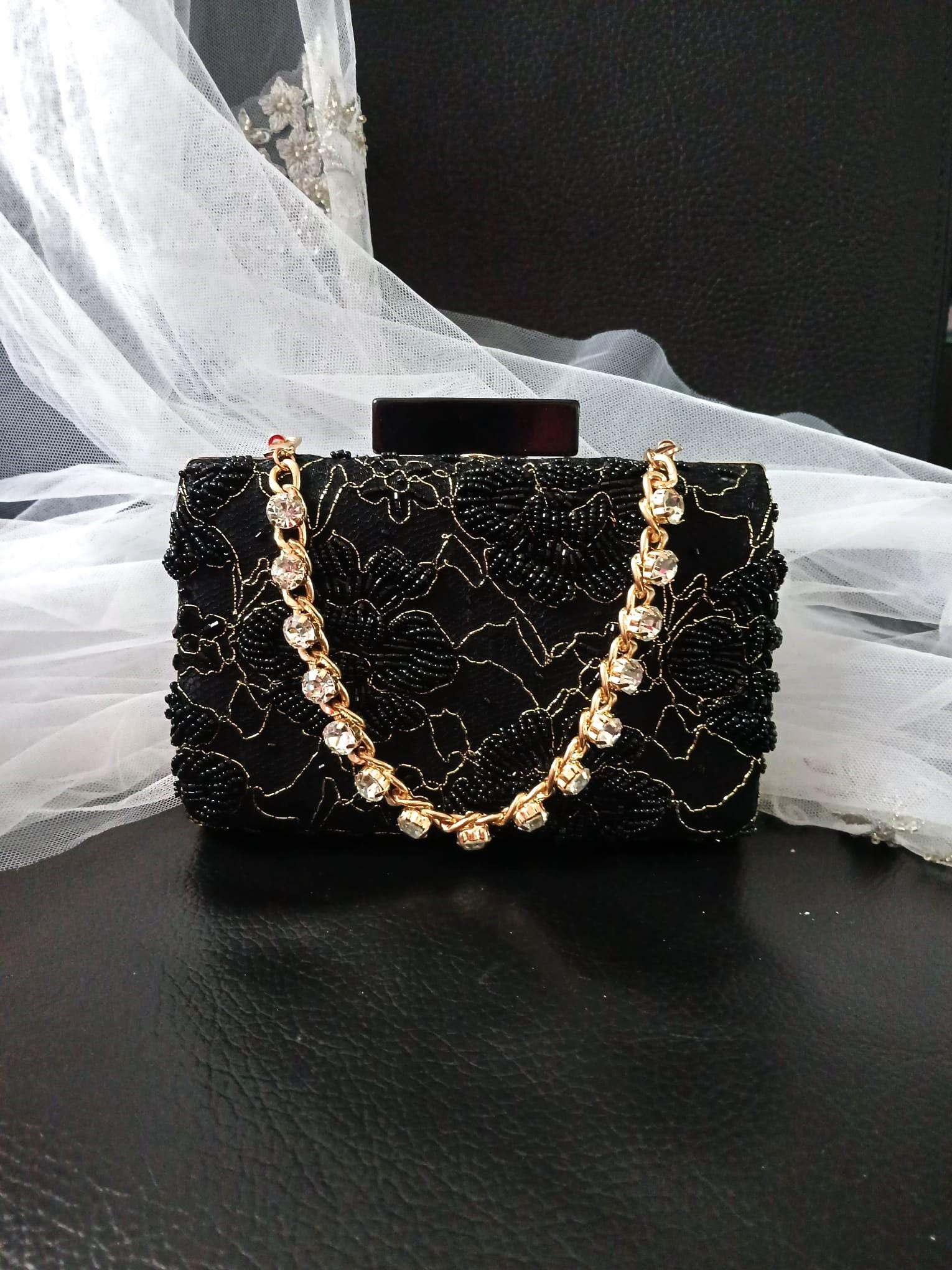 Embroidered Black Evening Clutch Bag With Crystal Handle,Beaded Wedding Purse,Bridal Floral Handbag