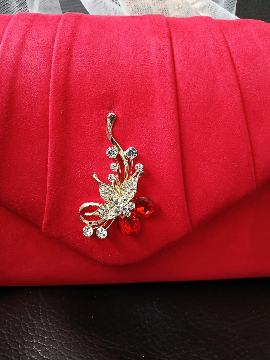Red Suede Evening Clutch: Floral Wedding Handbag