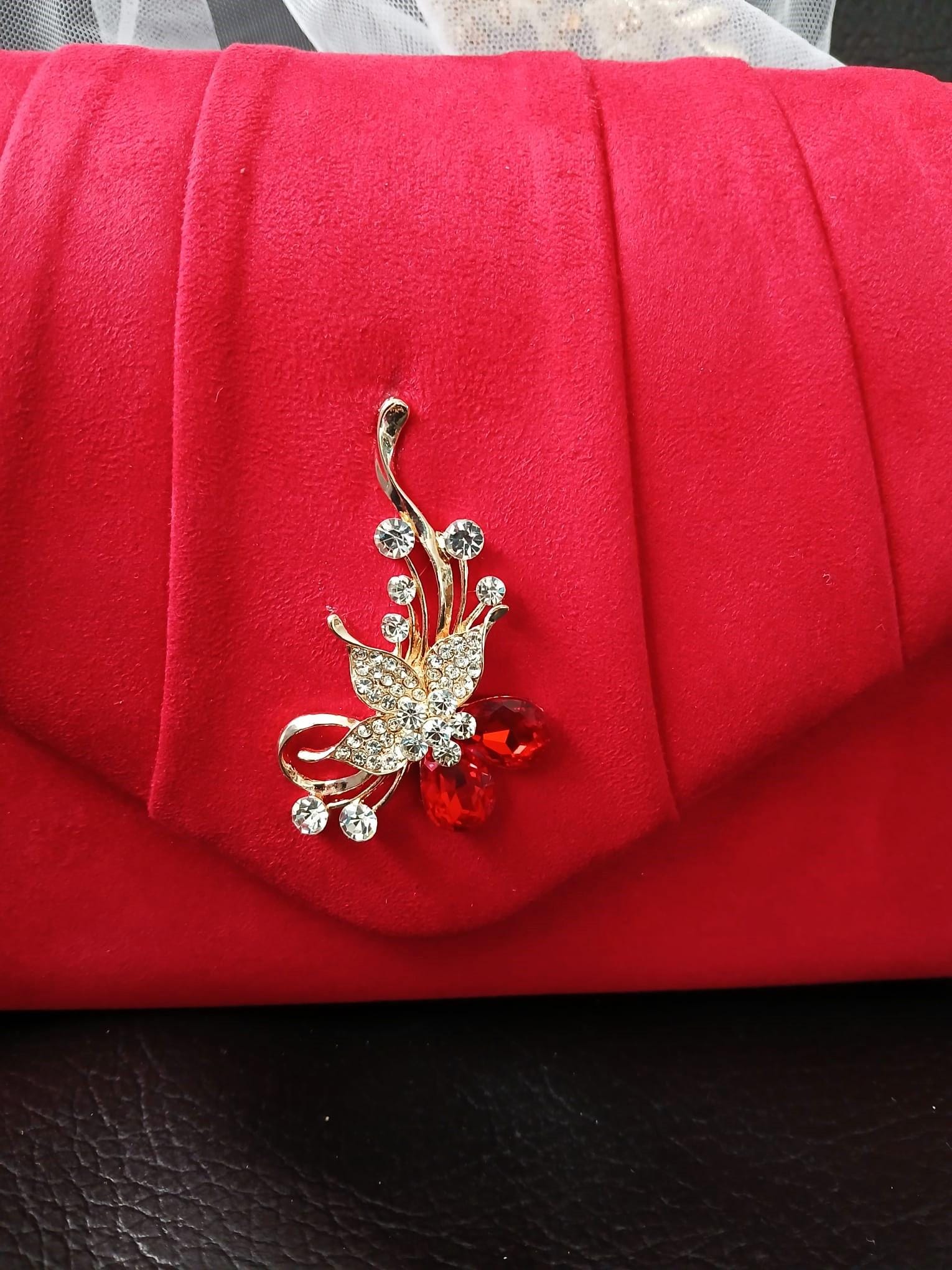 Red Suede Evening Clutch: Floral Wedding Handbag