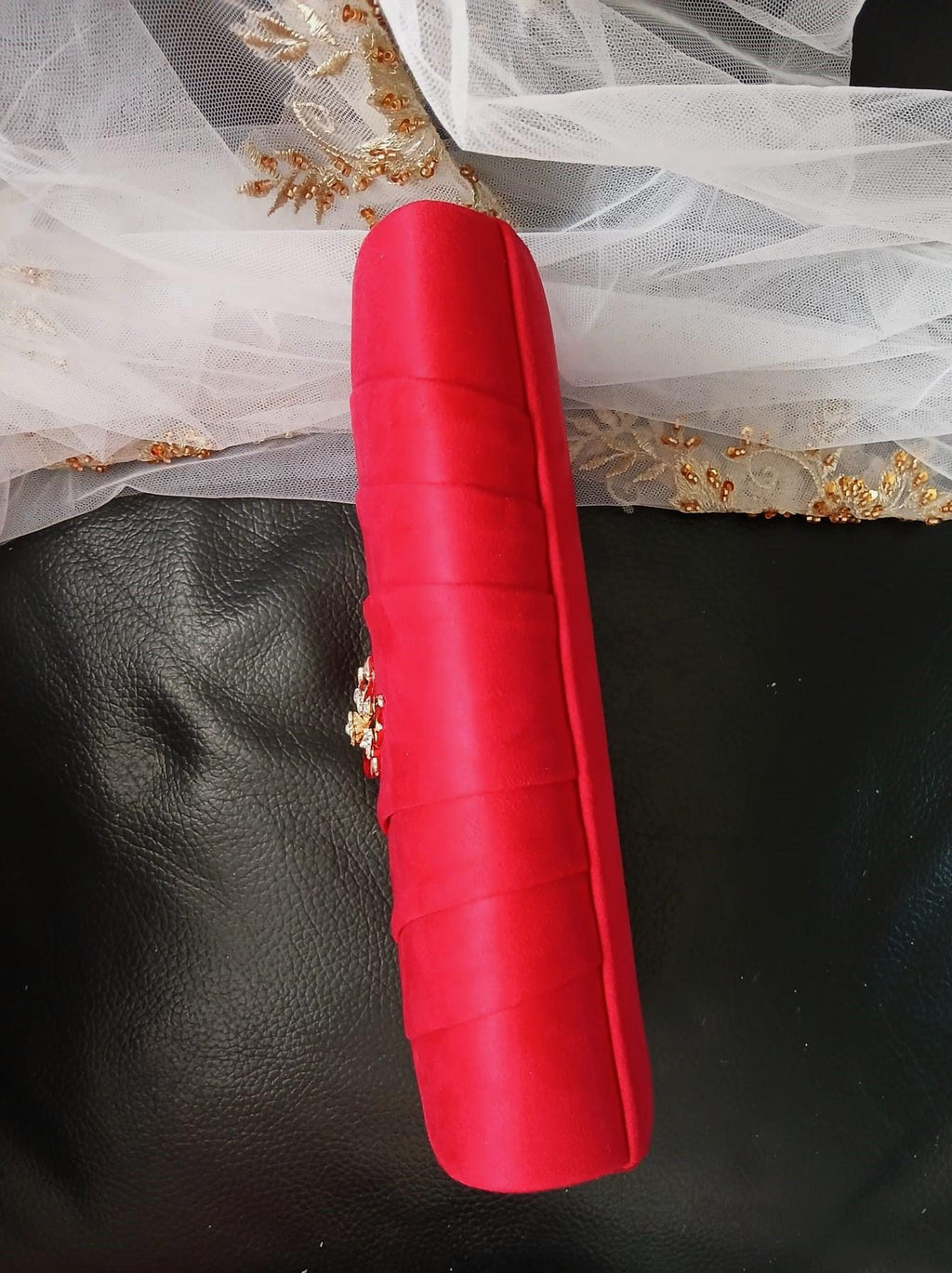 Red Suede Evening Clutch: Floral Wedding Handbag