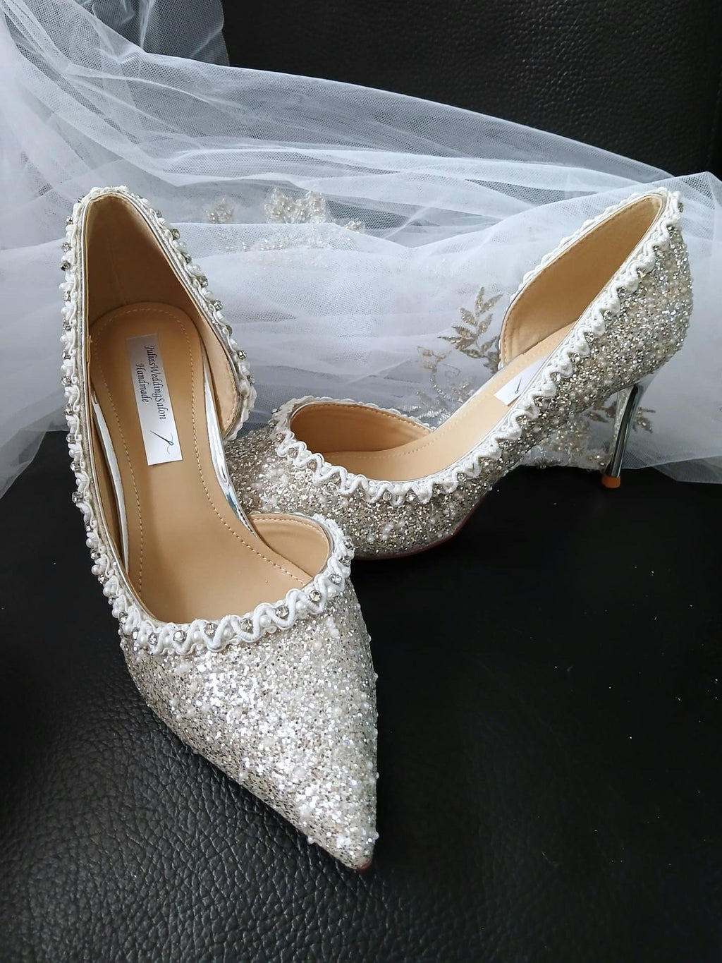 Silver Glitter Pearl Heels: Wedding Evening Shoes