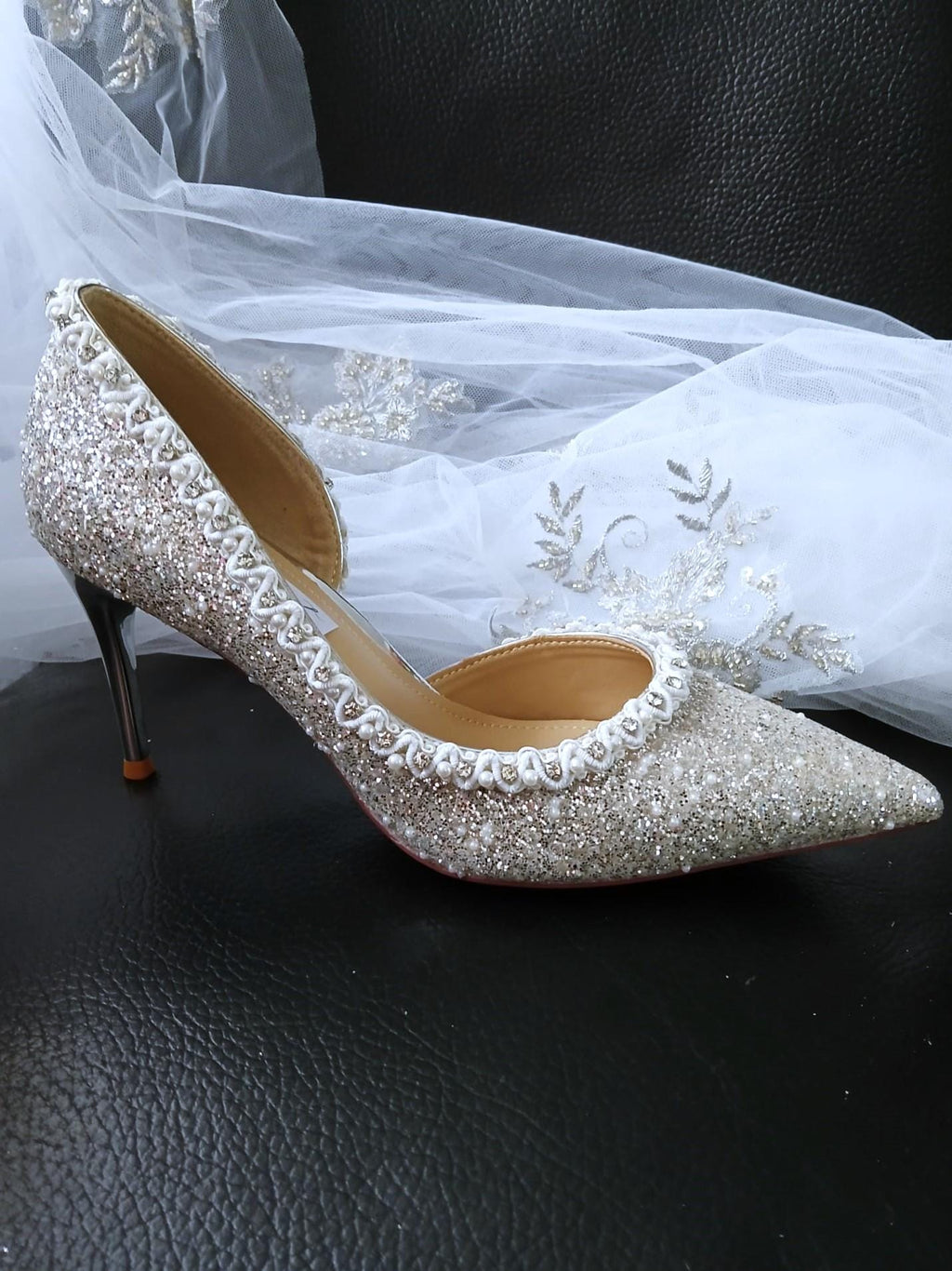 Silver Glitter Pearl Heels: Wedding Evening Shoes