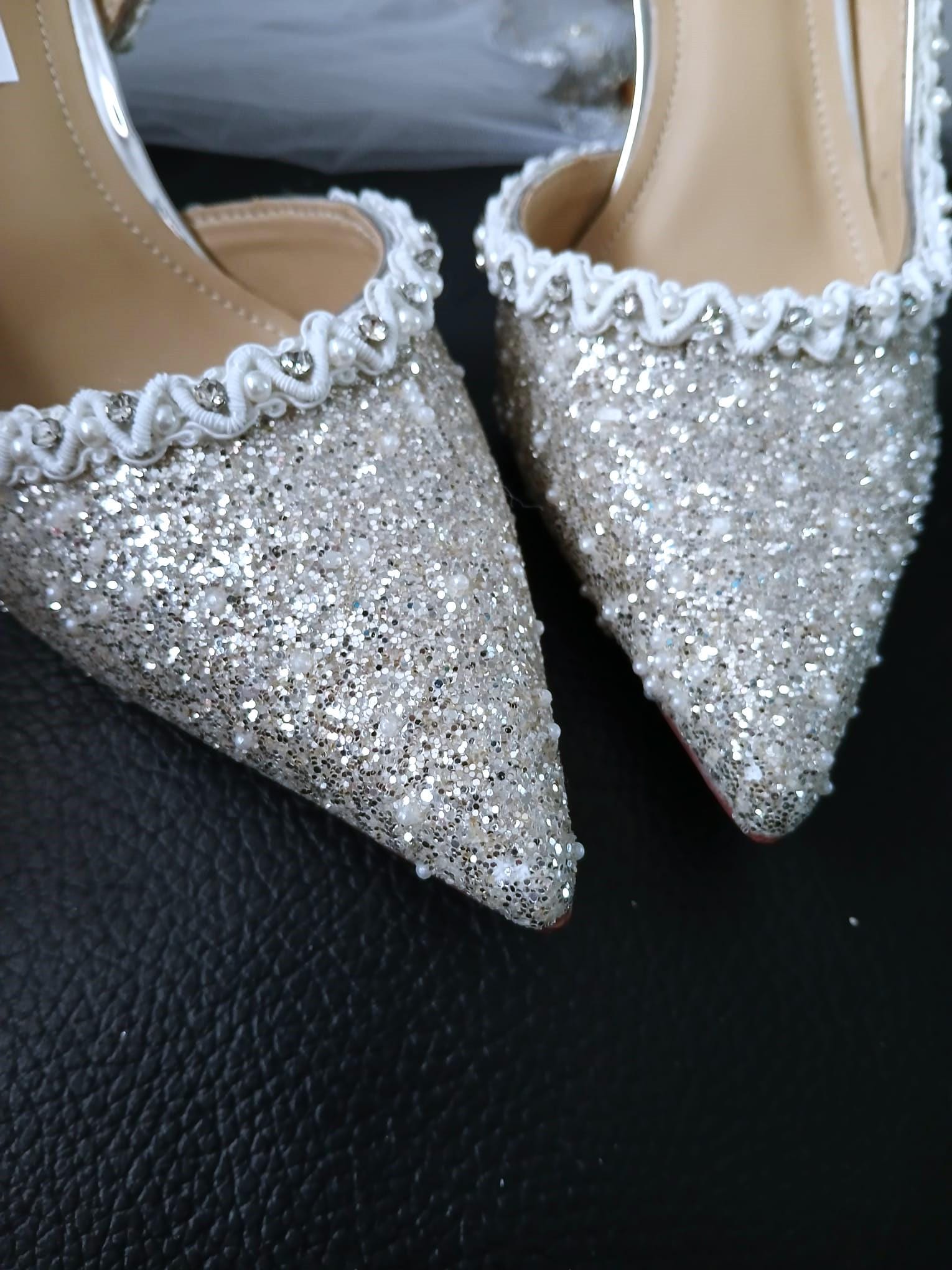 Silver Glitter Pearl Heels: Wedding Evening Shoes
