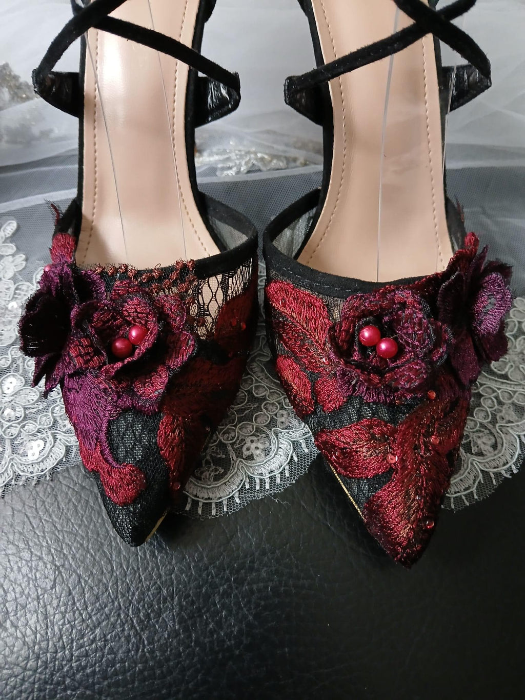 Black Suede Gothic Wedding Sandals with Burgundy Floral Clutch Bag