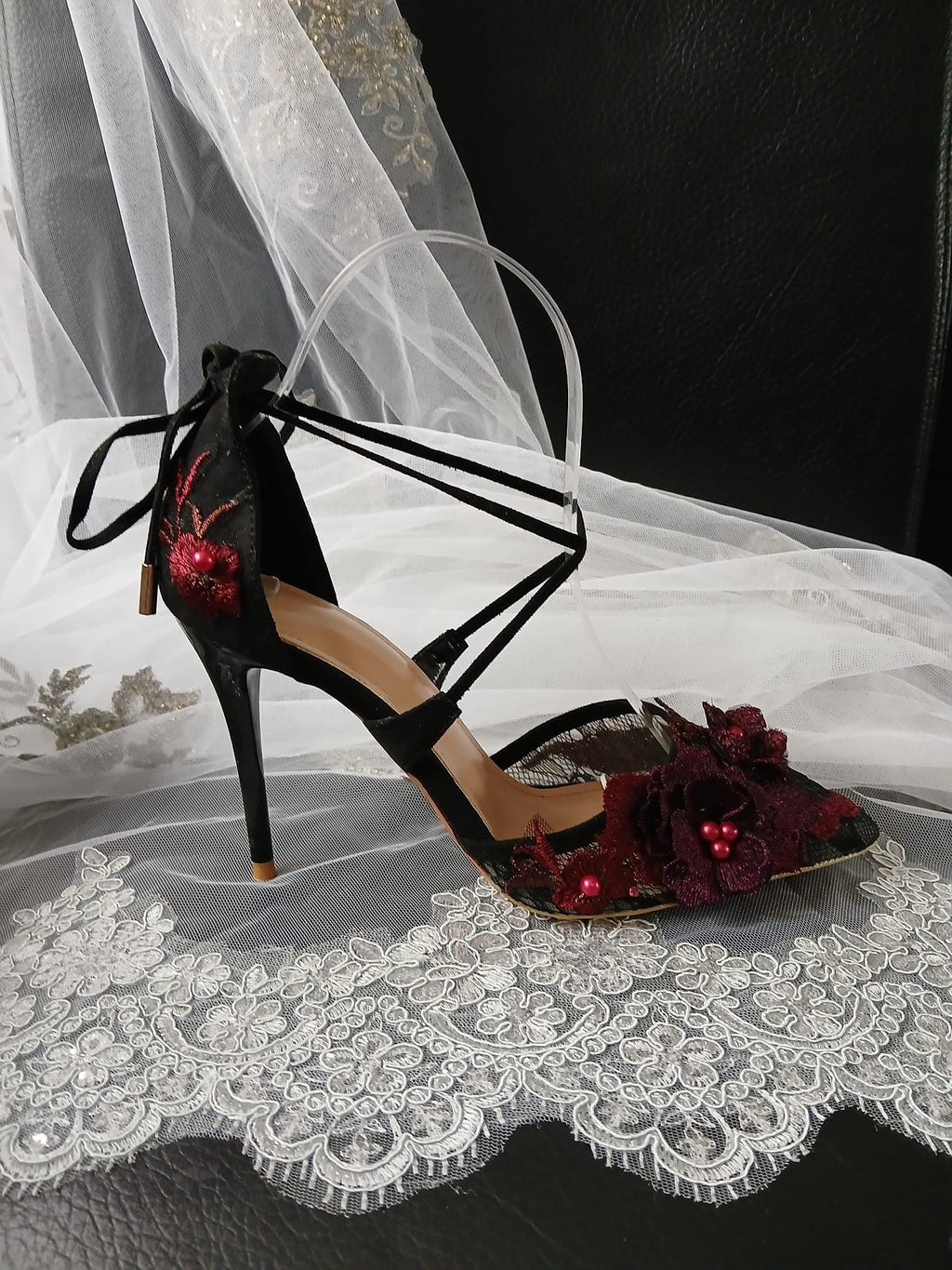 Black Suede Gothic Wedding Sandals with Burgundy Floral Clutch Bag