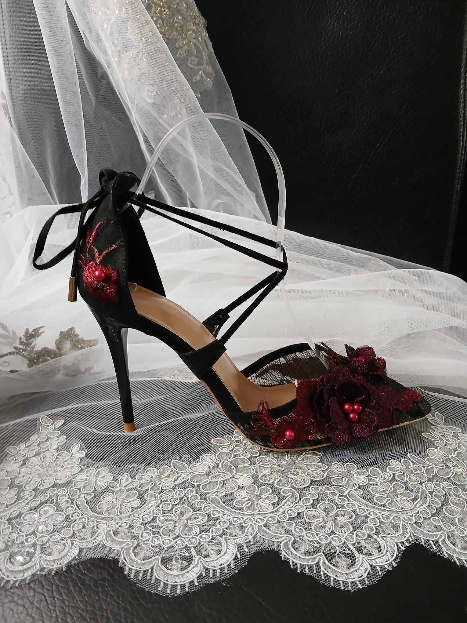 Black Suede Gothic Wedding Sandals with Burgundy Floral Clutch Bag