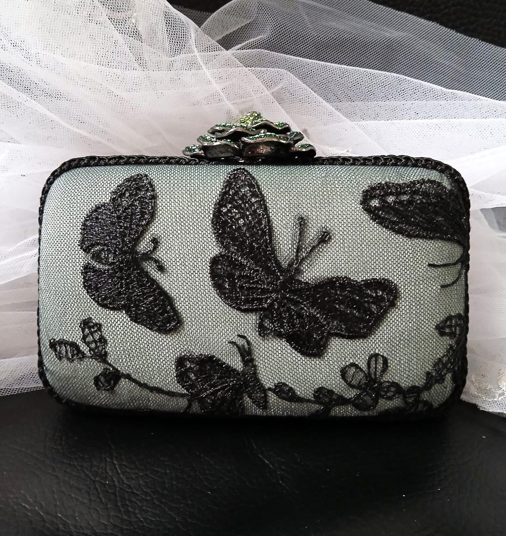 Sage Green Velvet Gothic Clutch Bag: Butterfly Flower Closure, Wedding Handbag