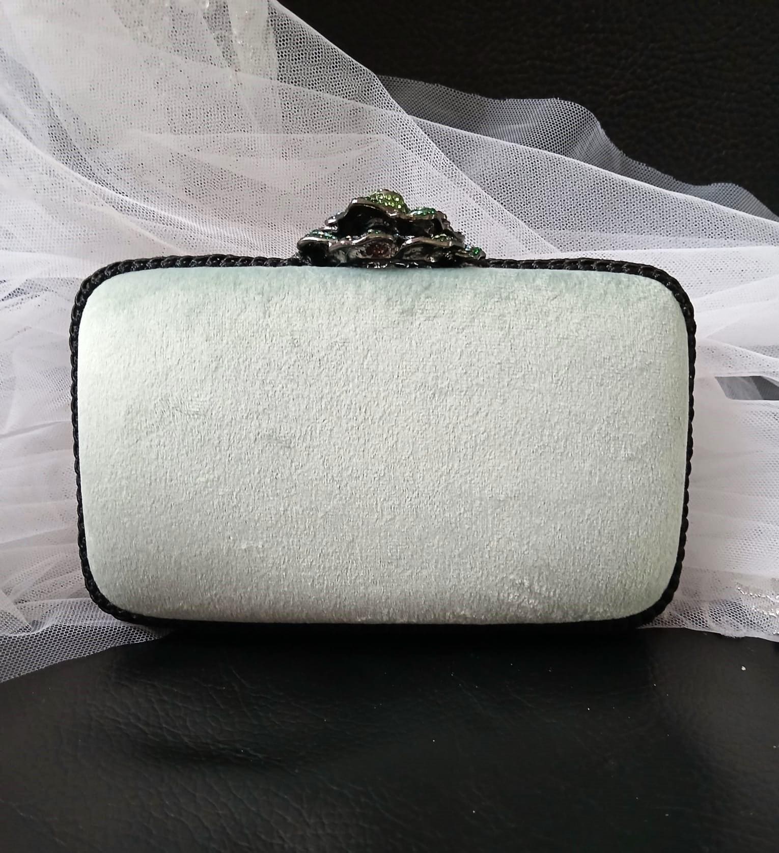 Sage Green Velvet Gothic Clutch Bag: Butterfly Flower Closure, Wedding Handbag