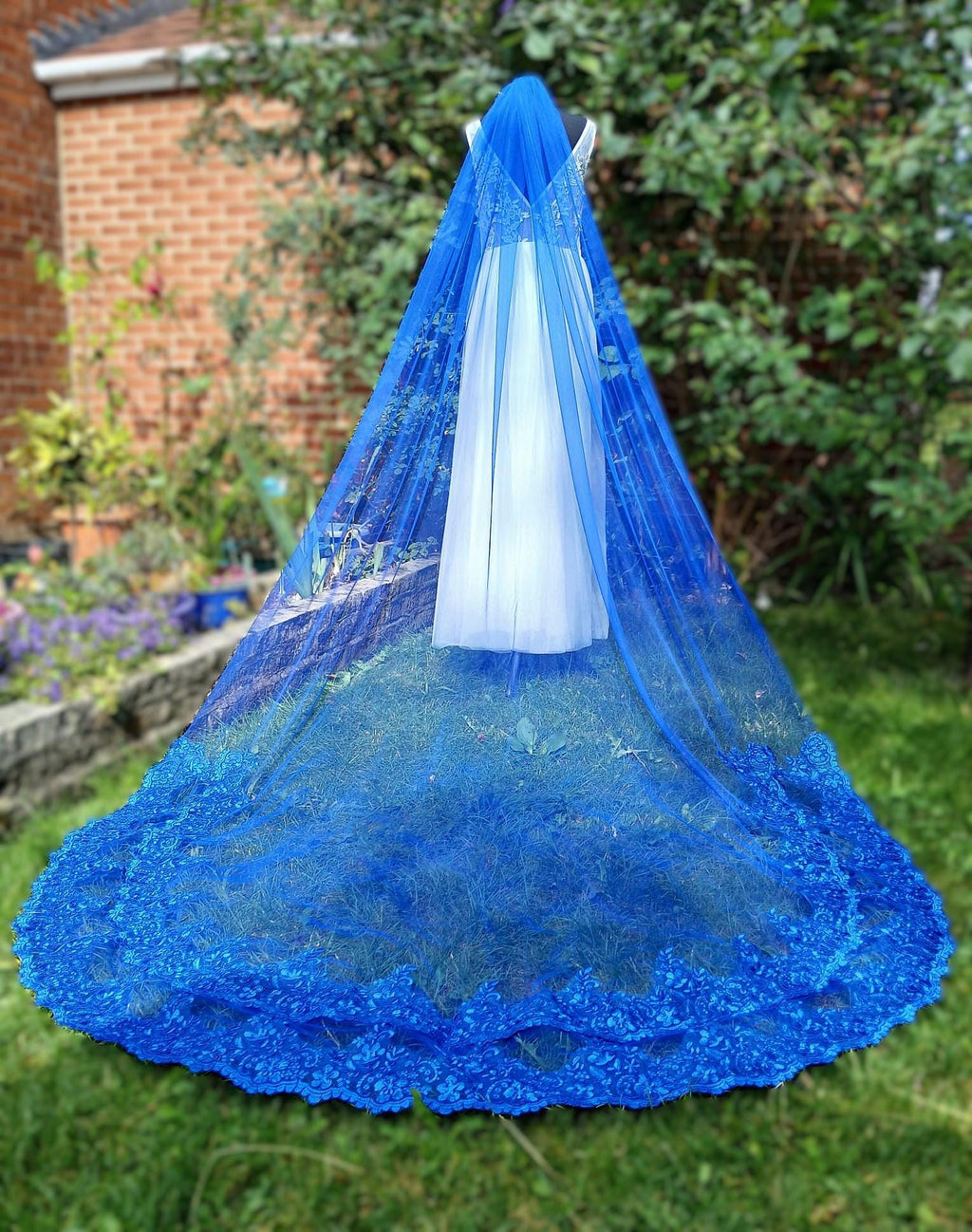 Royal Blue Cathedral Wedding Veil: Double Lace Edge with Comb