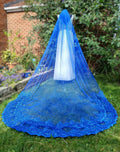 Royal Blue Cathedral Wedding Veil: Double Lace Edge with Comb