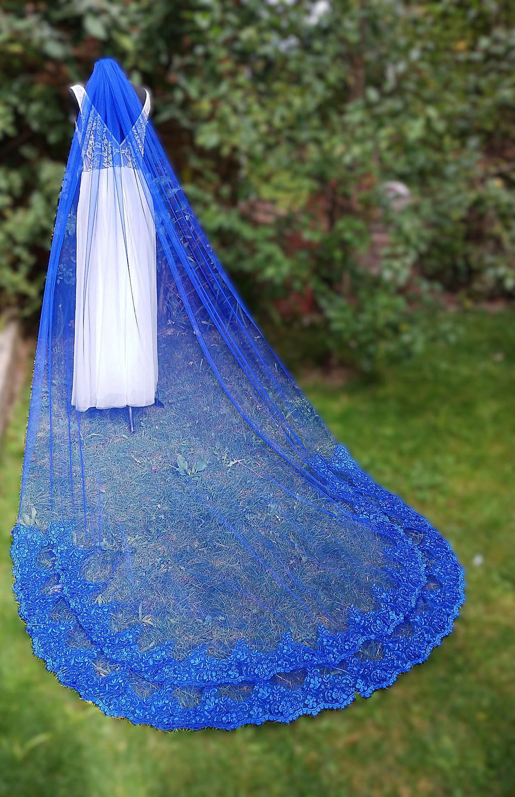 Royal Blue Cathedral Wedding Veil: Double Lace Edge with Comb