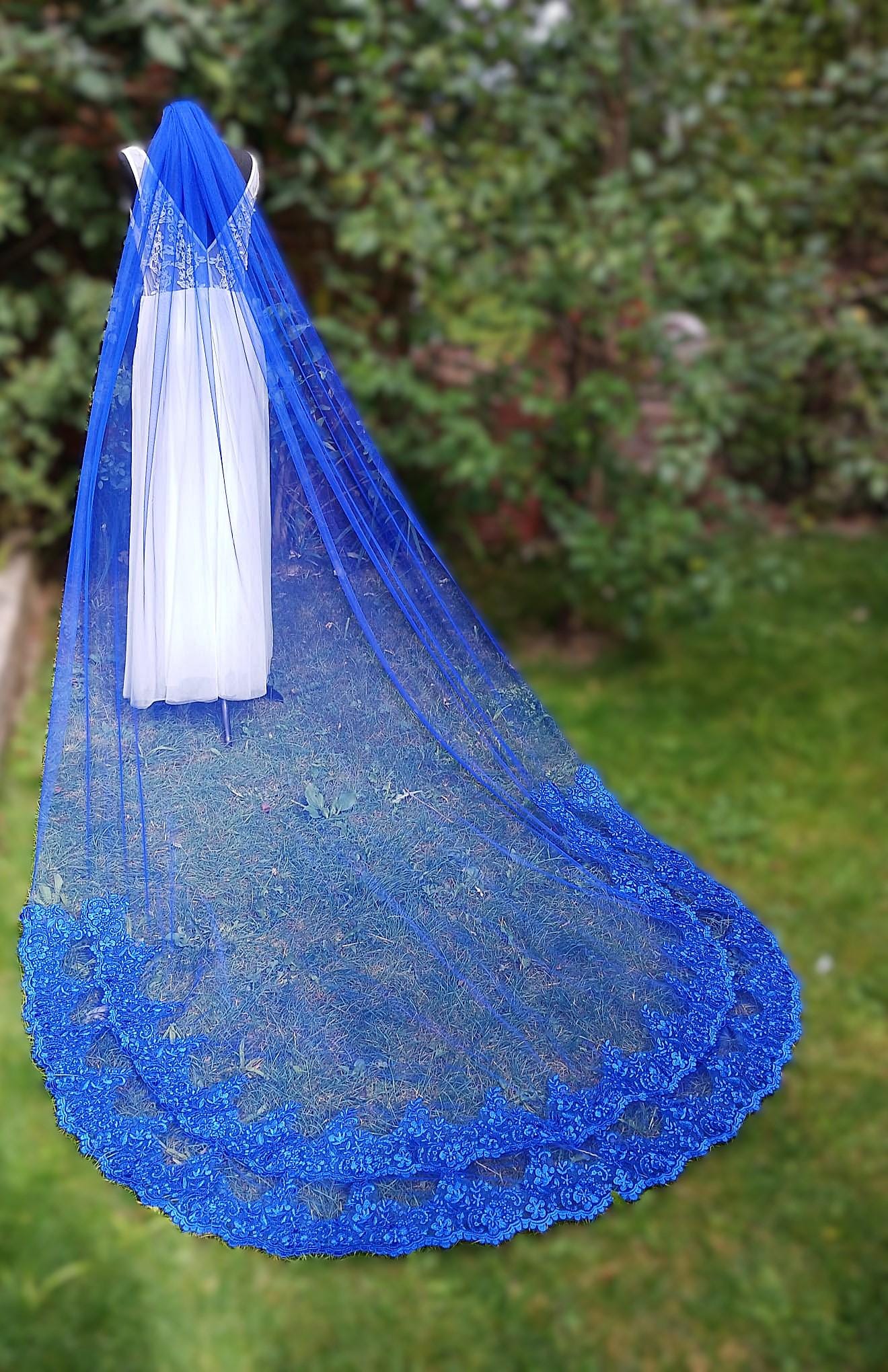 Royal Blue Cathedral Wedding Veil: Double Lace Edge with Comb