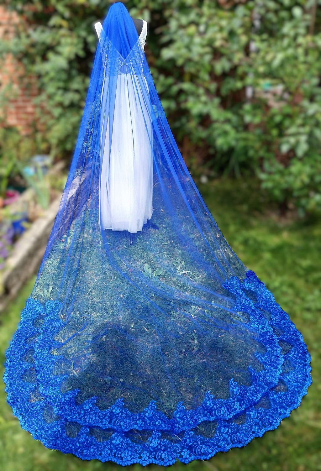 Royal Blue Cathedral Wedding Veil: Double Lace Edge with Comb