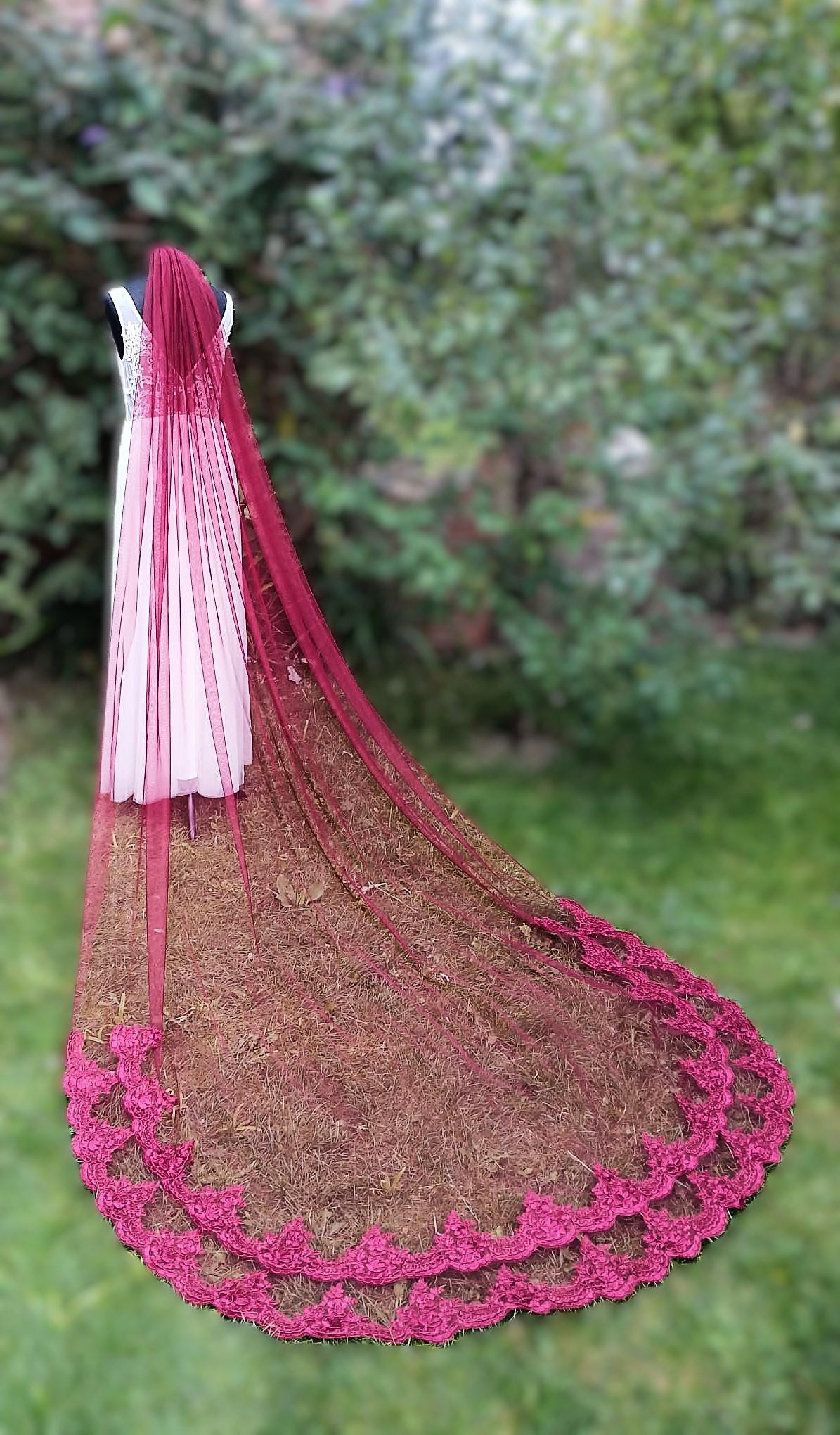 Wine Red Cathedral Wedding Veil: Double Lace Edge, Regal Bridal Veil