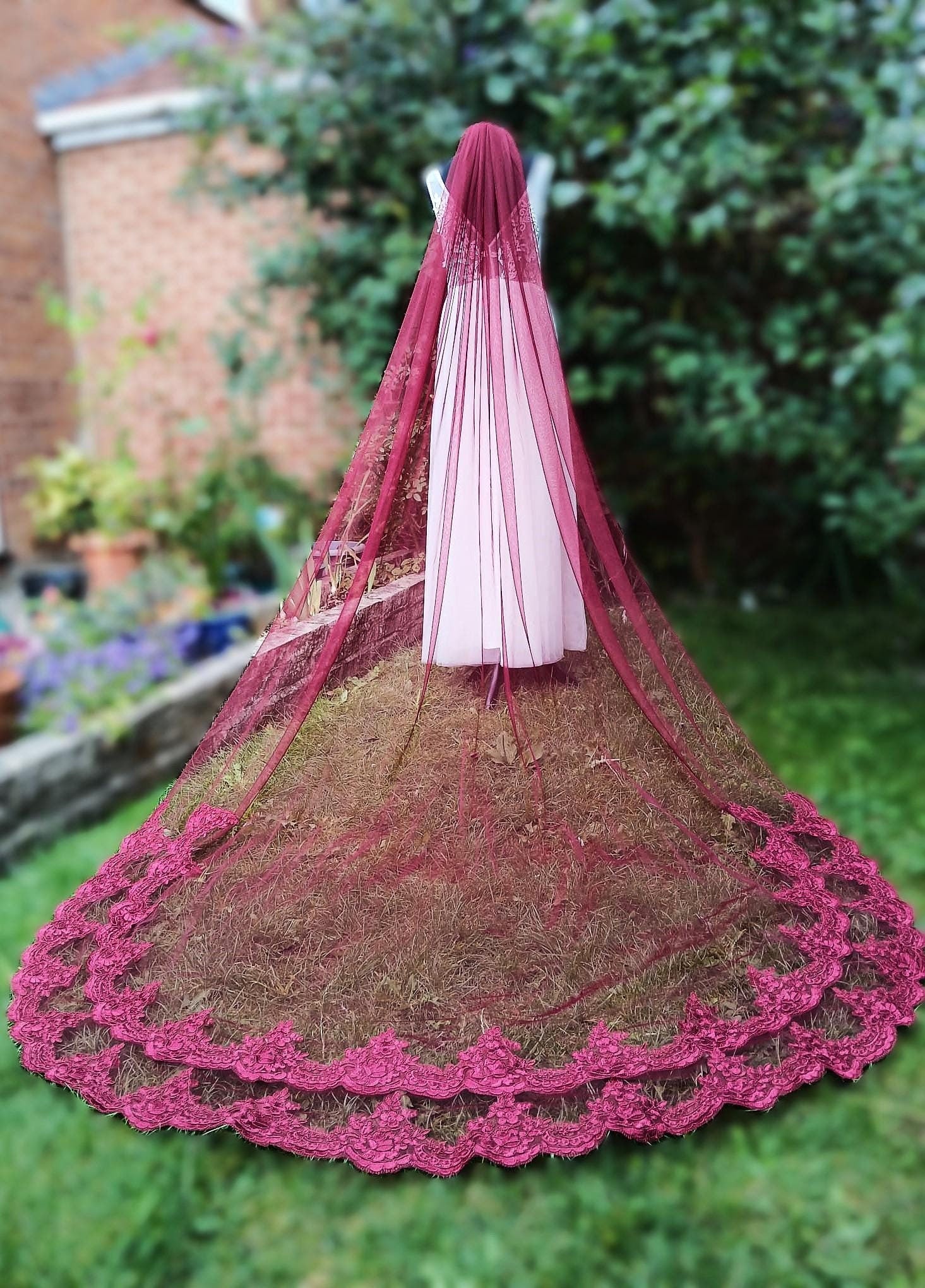 Wine Red Cathedral Wedding Veil: Double Lace Edge, Regal Bridal Veil