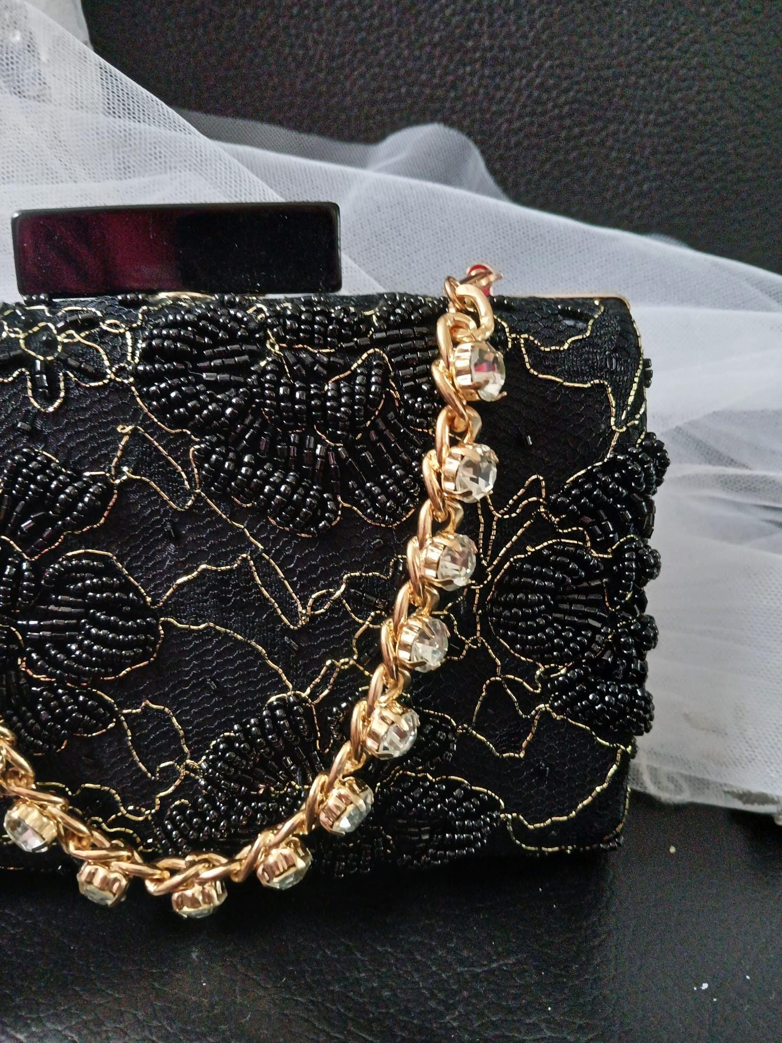 Embroidered Black Evening Clutch Bag With Crystal Handle,Beaded Wedding Purse,Bridal Floral Handbag