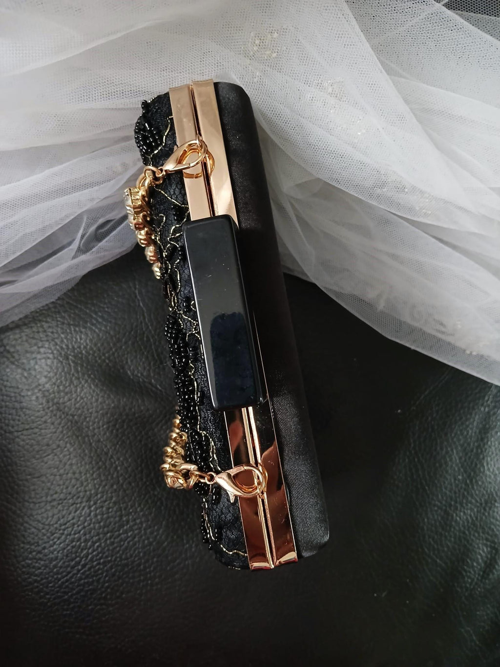 Embroidered Black Evening Clutch Bag With Crystal Handle,Beaded Wedding Purse,Bridal Floral Handbag