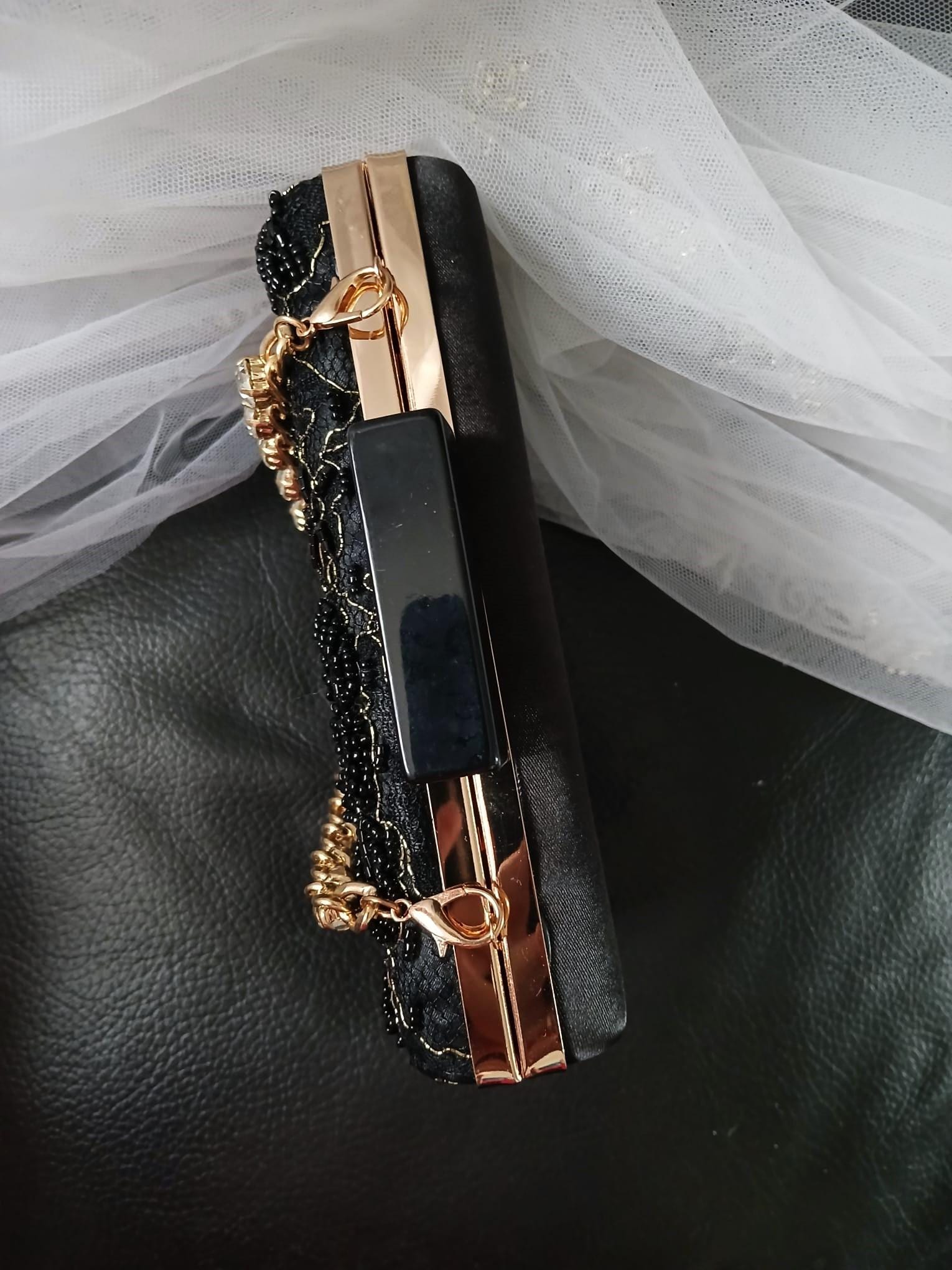 Embroidered Black Evening Clutch Bag With Crystal Handle,Beaded Wedding Purse,Bridal Floral Handbag