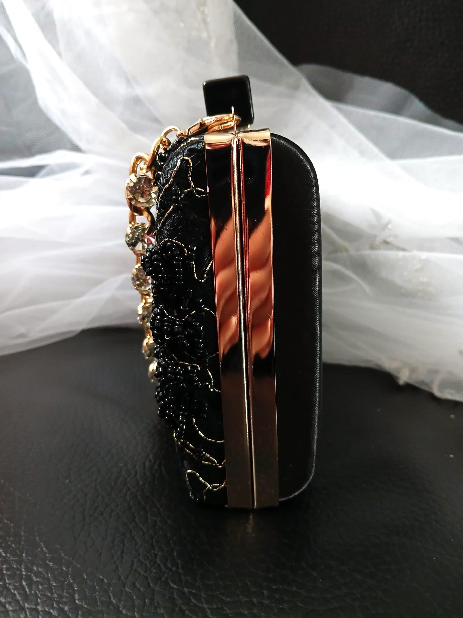 Embroidered Black Evening Clutch Bag With Crystal Handle,Beaded Wedding Purse,Bridal Floral Handbag