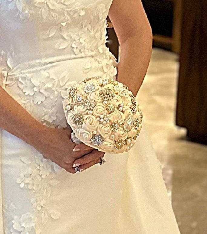 Ivory Satin Rose Brooch Wedding Bouquet: Handmade Bridal Keepsake