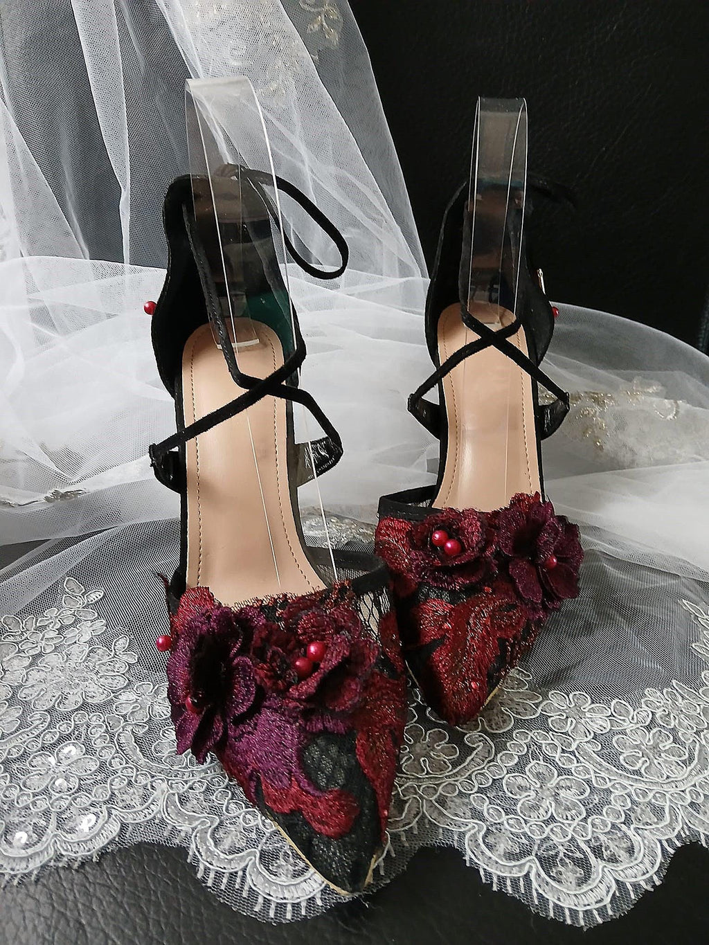 Black Suede Gothic Wedding Sandals with Burgundy Floral Clutch Bag