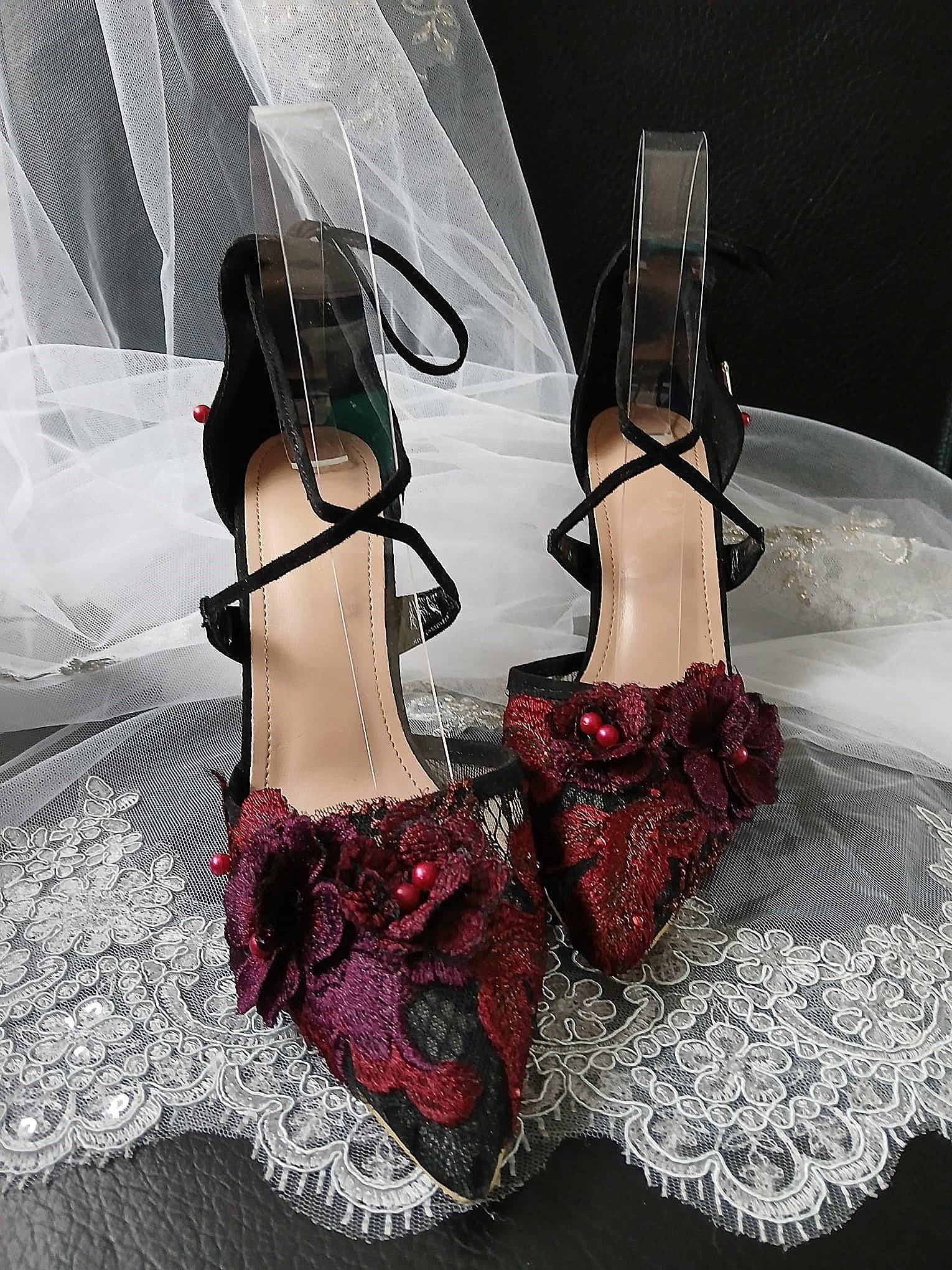 Black Suede Gothic Wedding Sandals with Burgundy Floral Clutch Bag